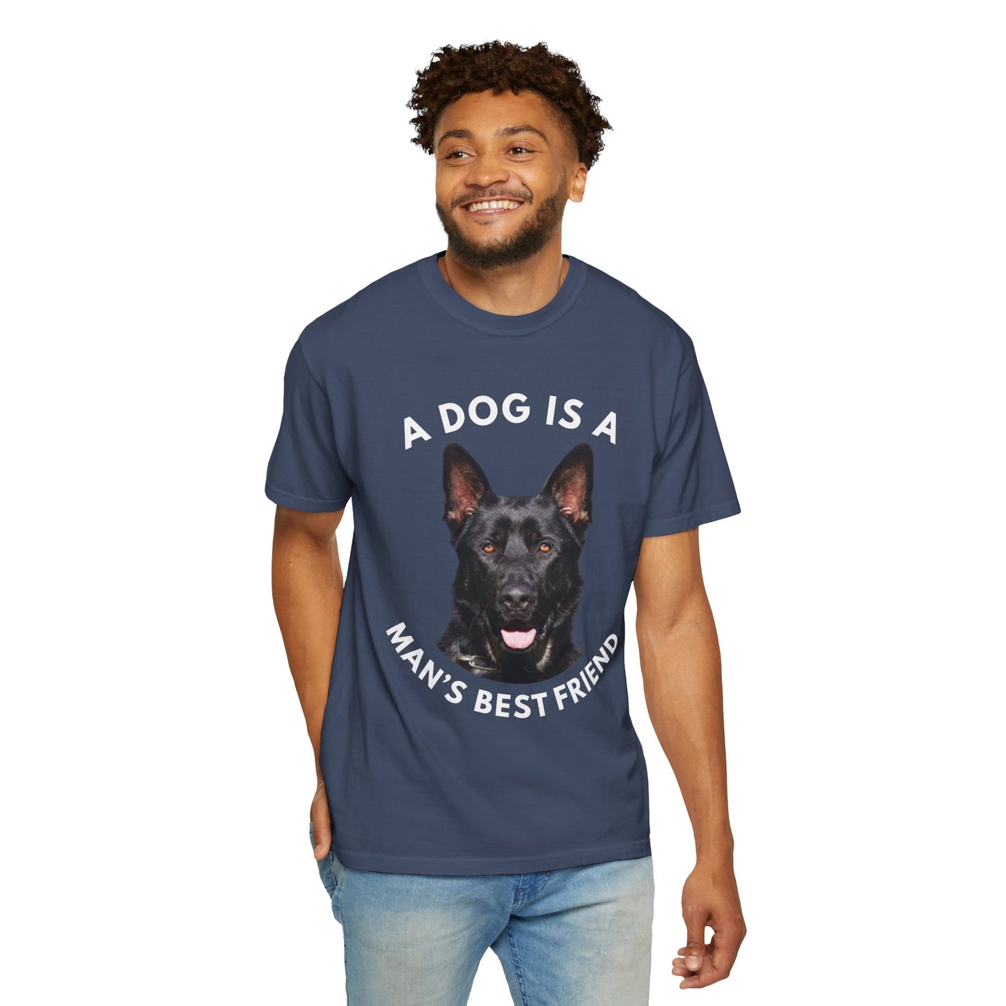 Unisex T-Shirt With Close Up Face of Giant German Shepherd and Quote A Dog Is A Man's Best Friend