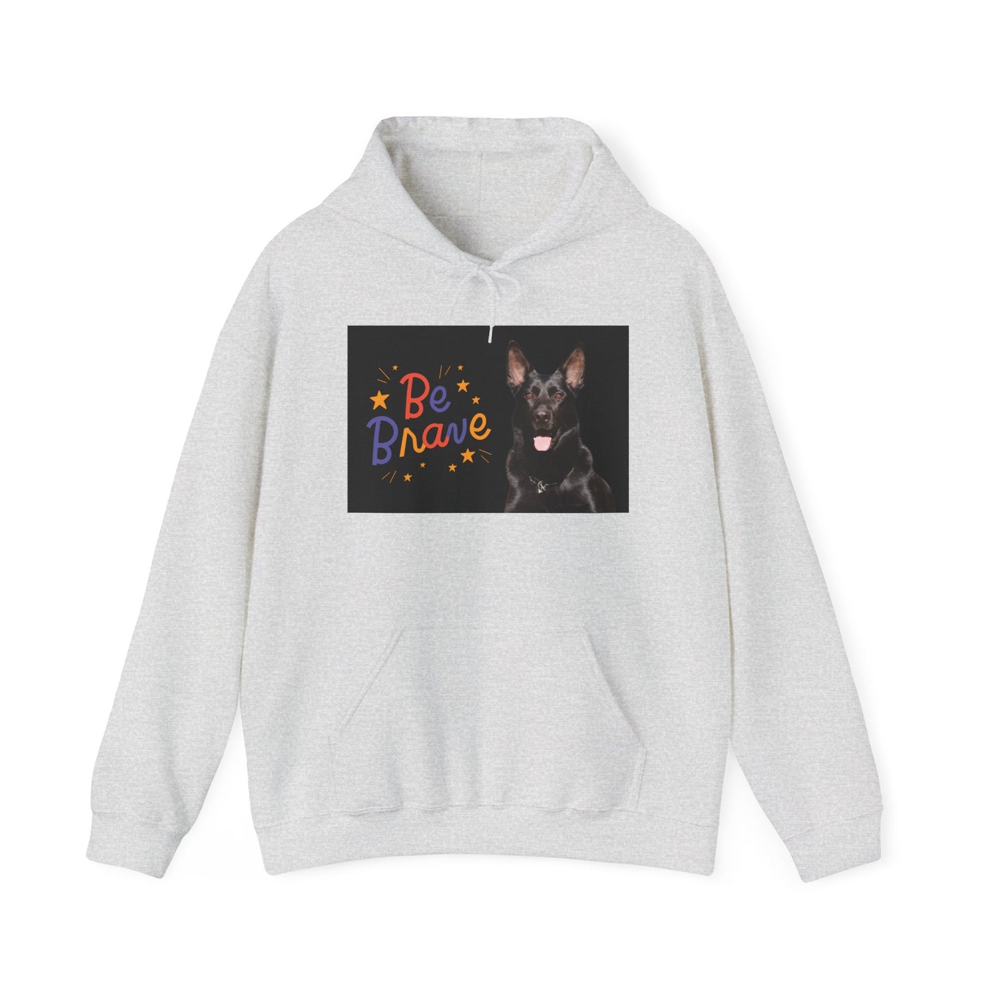 A Unisex Dog Lover Hoodie With Close Up of Solid Black German Shepherd and Caption Be Brave
