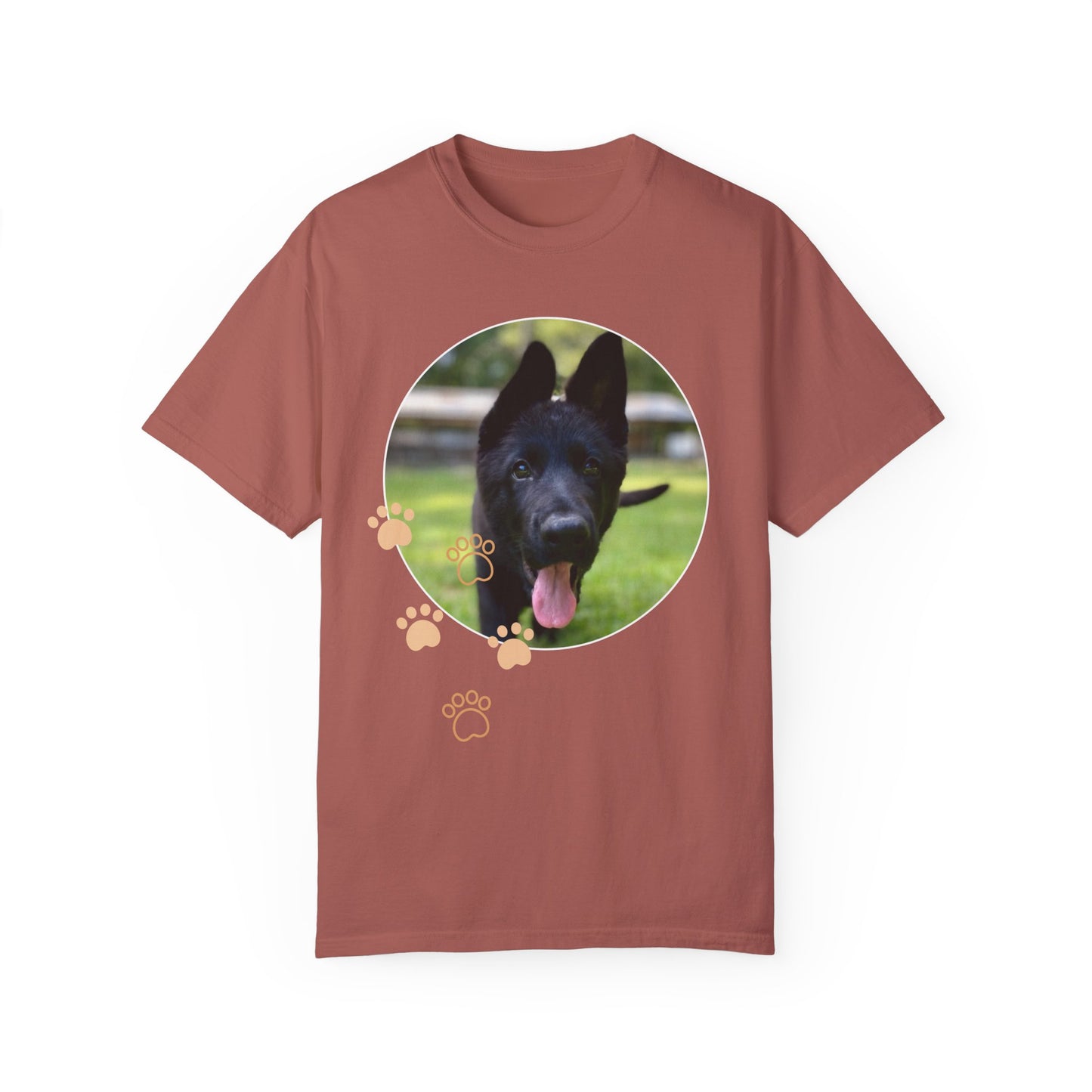 Unisex Dog Lover T-Shirt With Black German Shepherd Puppy Walking on Grass Leaving Tongue Out and Paw Icons