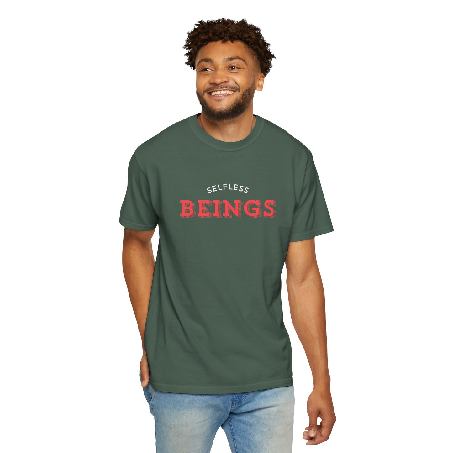 Unisex Dog Lover T-Shirt With Text "Selfless Beings" Designed in Red and White Style