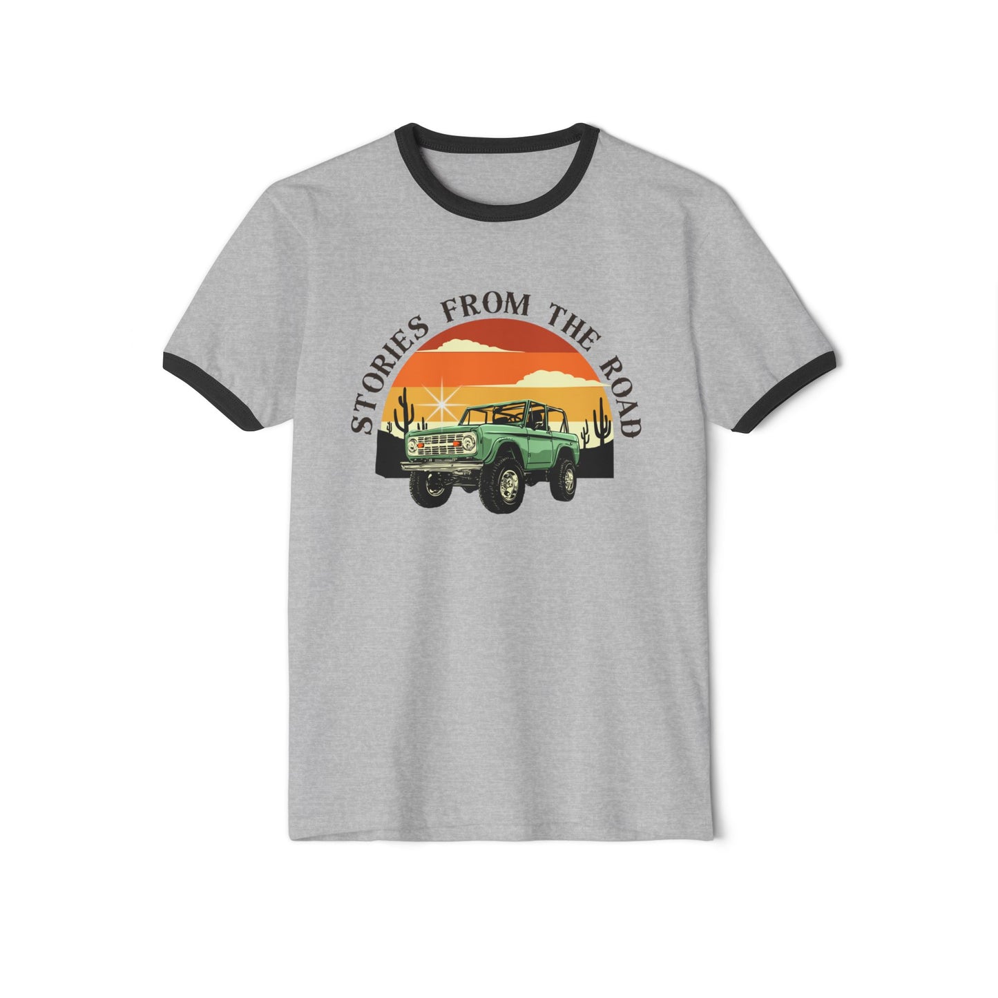 Vintage Stories from the Road Unisex Cotton Ringer T-Shirt, Retro Adventure Tee, Travel Lovers Gift, Road Trip Apparel, Casual
