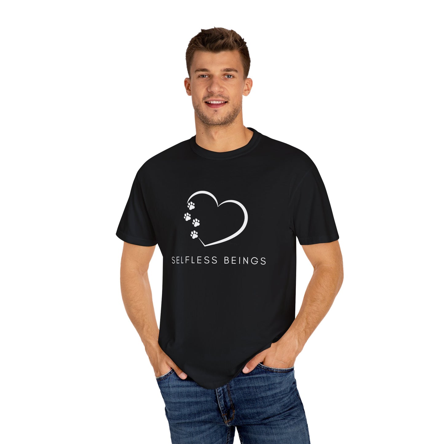Unisex Dog Lover T-Shirt With White Tilted Heart Whose One Side is Made With Dog Paw Prints and Caption Selfless Beings