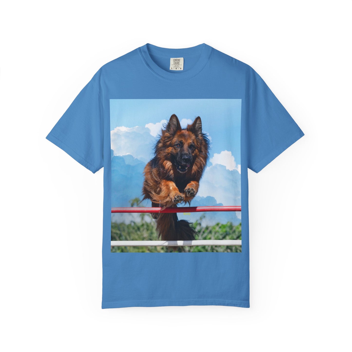 Unisex Dog Lovers T-Shirt Featuring a German Shepherd Jumping An Agility Fence