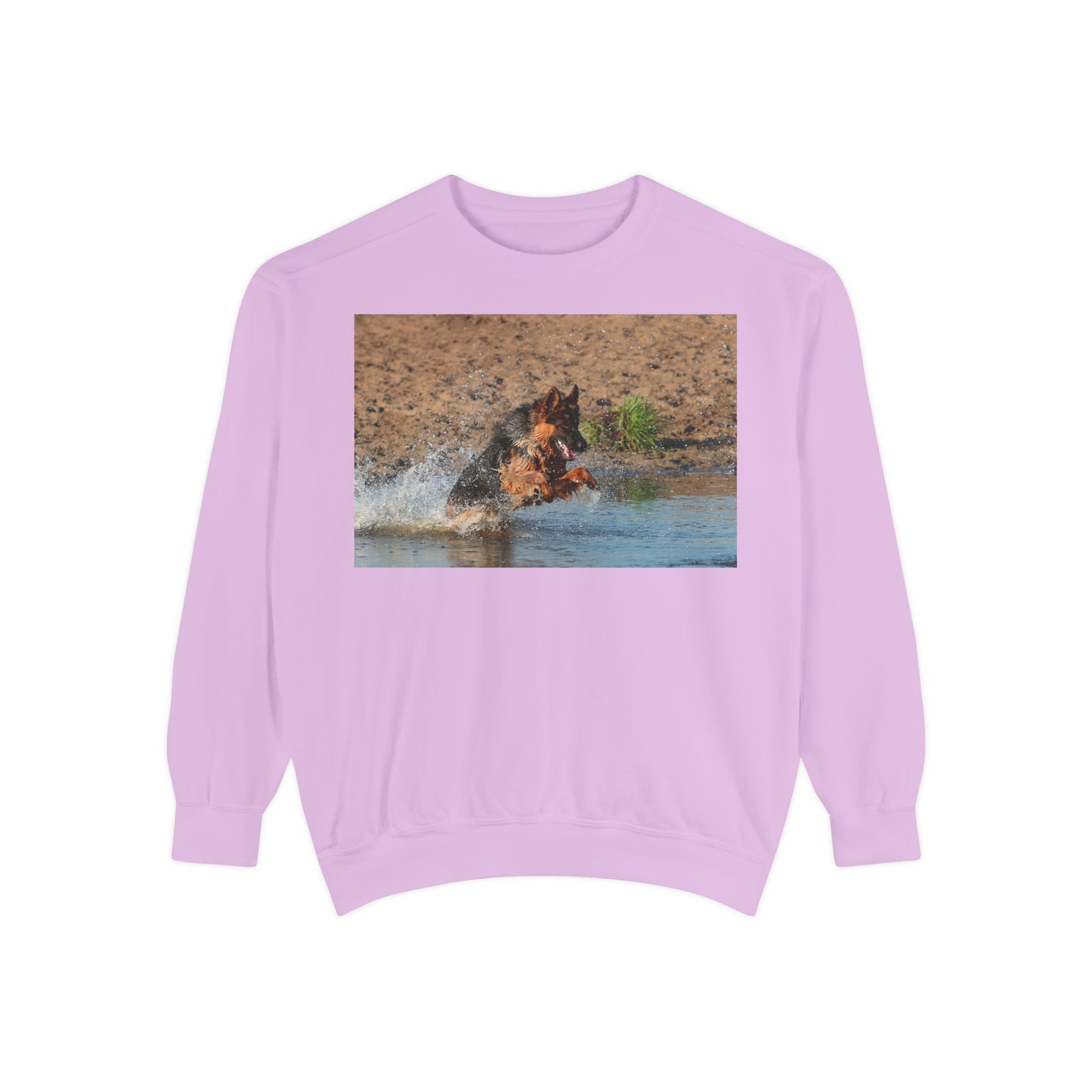 Unisex Dog Lover Sweatshirt With a Long Coat German Shepherd Jumps in the River
