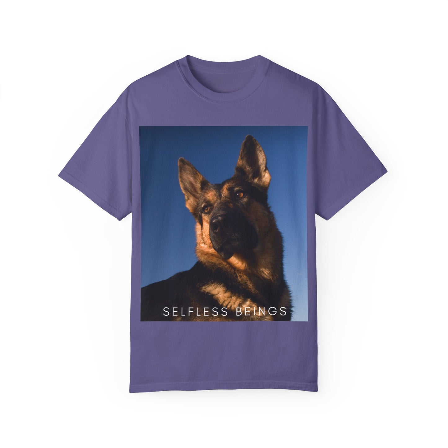 Unisex Dog Lover T-shirt With Close Up Portrait of Giant German Shepherd Turning His Head and Caption Selfless Beings