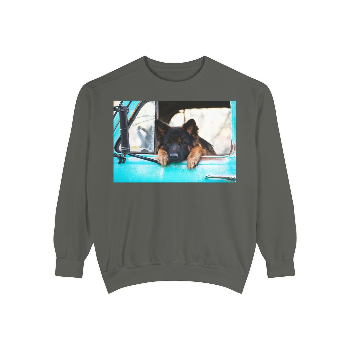Unisex Dog Lover Sweatshirt With a German Shepherd Puppy Putting His Head and Front Legs On The Truck Seat's Window