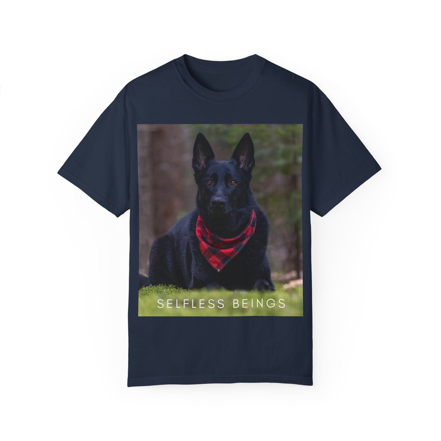 Unisex Dog Lover T-Shirt With a Solid Black German Shepherd Wearing a Red Romal Sitting and Caption Selfless Beings
