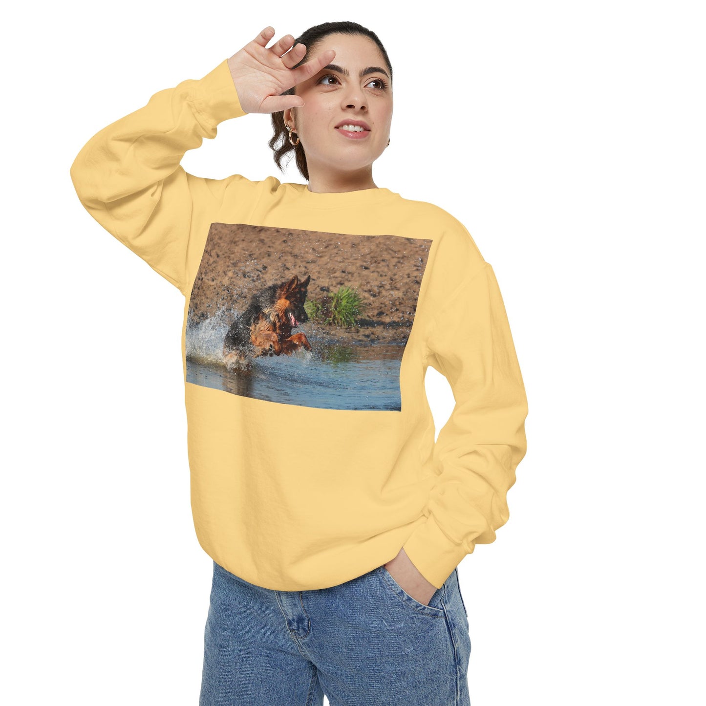 Unisex Dog Lover Sweatshirt With a Long Coat German Shepherd Jumps in the River