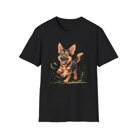 Cute Playing Puppy Graphic Unisex Softstyle T-Shirt, Dog Lover Gift, Casual Wear, Animal Theme Shirt, Perfect for Birthdays, Pet Owners