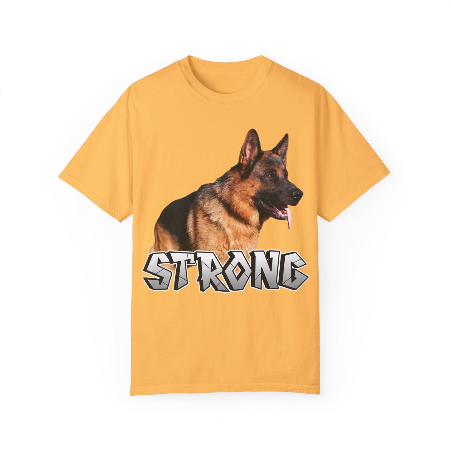 Unisex T-Shirt With German Shepherd Leaving Tongue Out Standing for a Pose and Text STRONG