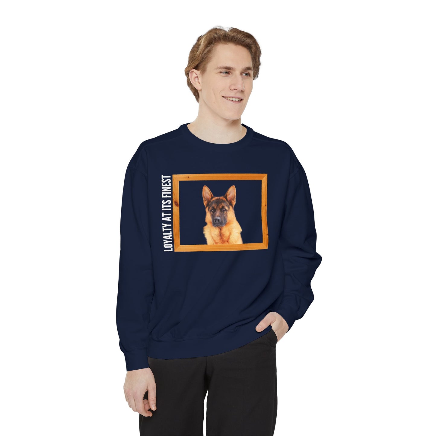 Unisex Dog Lover Sweatshirt With a German Shepherd's Head Inside a Wooden Frame and Caption Loyalty at Its Finest