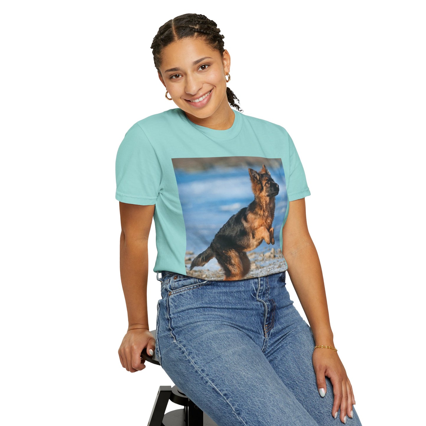 Unisex Dog Lover T-Shirt With Gorgeous German Shepherd Puppy Standing on Back Legs at Seashore and Caption Selfless Beings