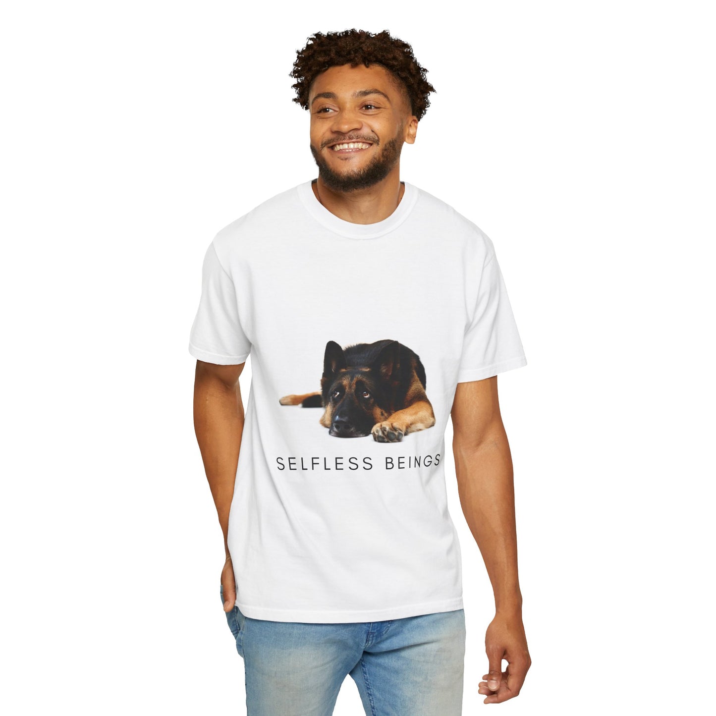 Unisex Dog Lover T-Shirt With a Bored German Shepherd Sitting in the Studio and Caption Selfless Beings