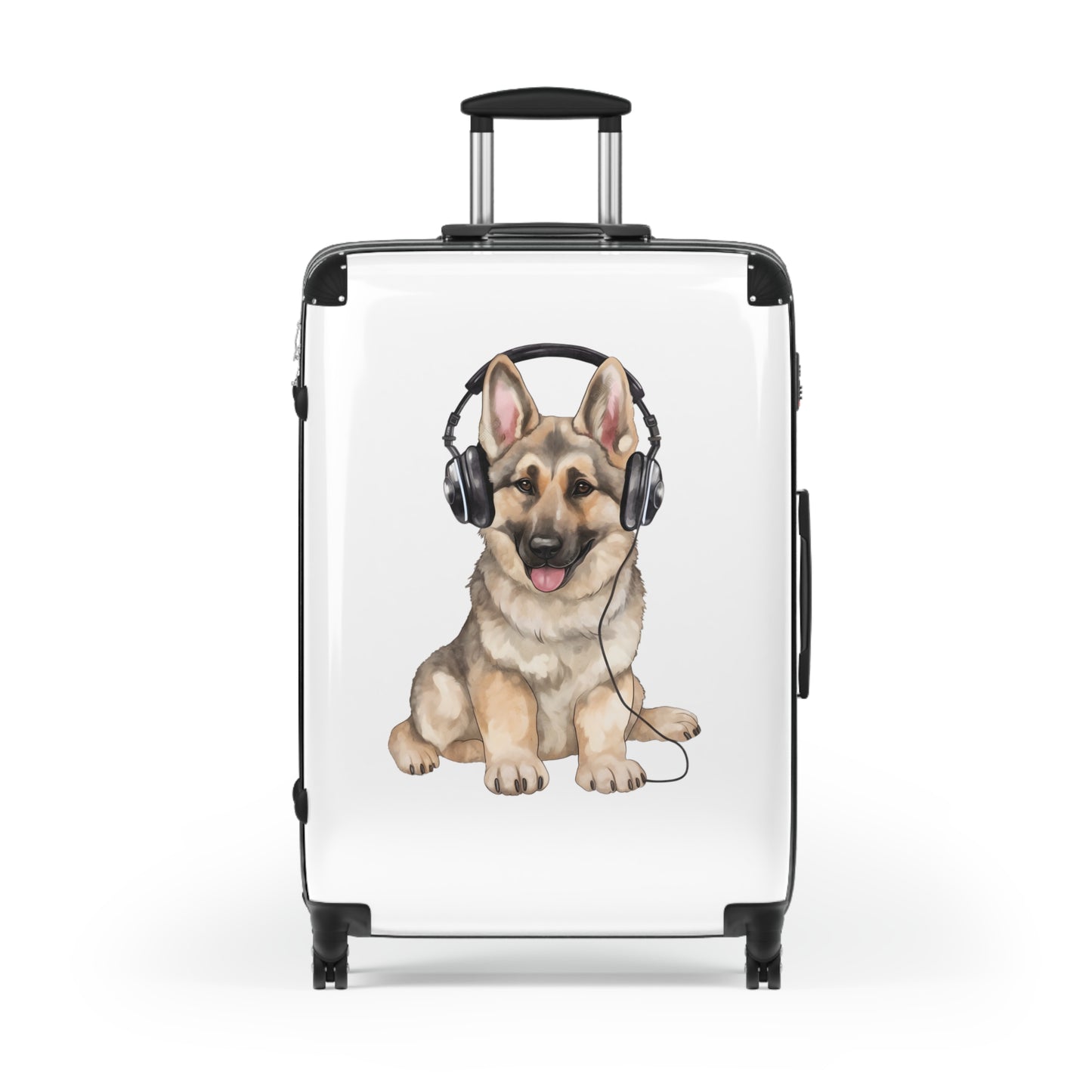 Travel Suitcase Featuring Graphic of German Shepherd Wearing Headphones Enjoying Music