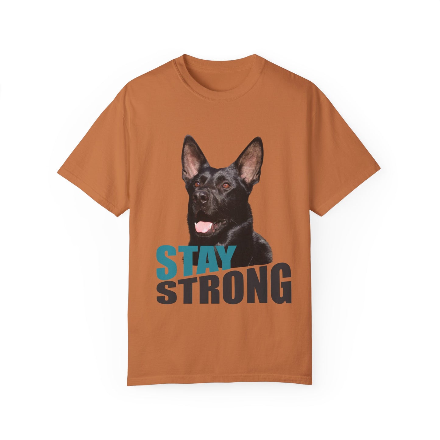 Unisex Dog Lover T-Shirt With Solid Black Working Line German Shepherd Mouth Opened and Caption Stay Strong