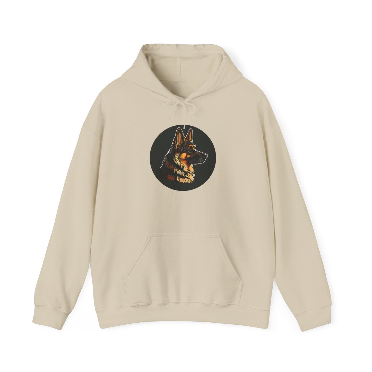 Unisex Dog Lover Hoodie With a Close Up Graphic of a German Shepherd Inside a Black Circle