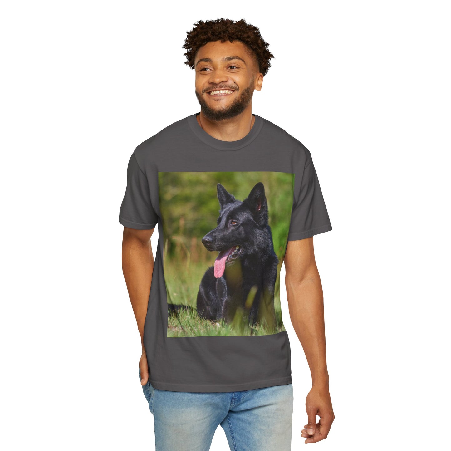 Unisex Garment-Dyed T-Shirt Featuring a Black German Shepherd Resting on Grass Looking Sideways