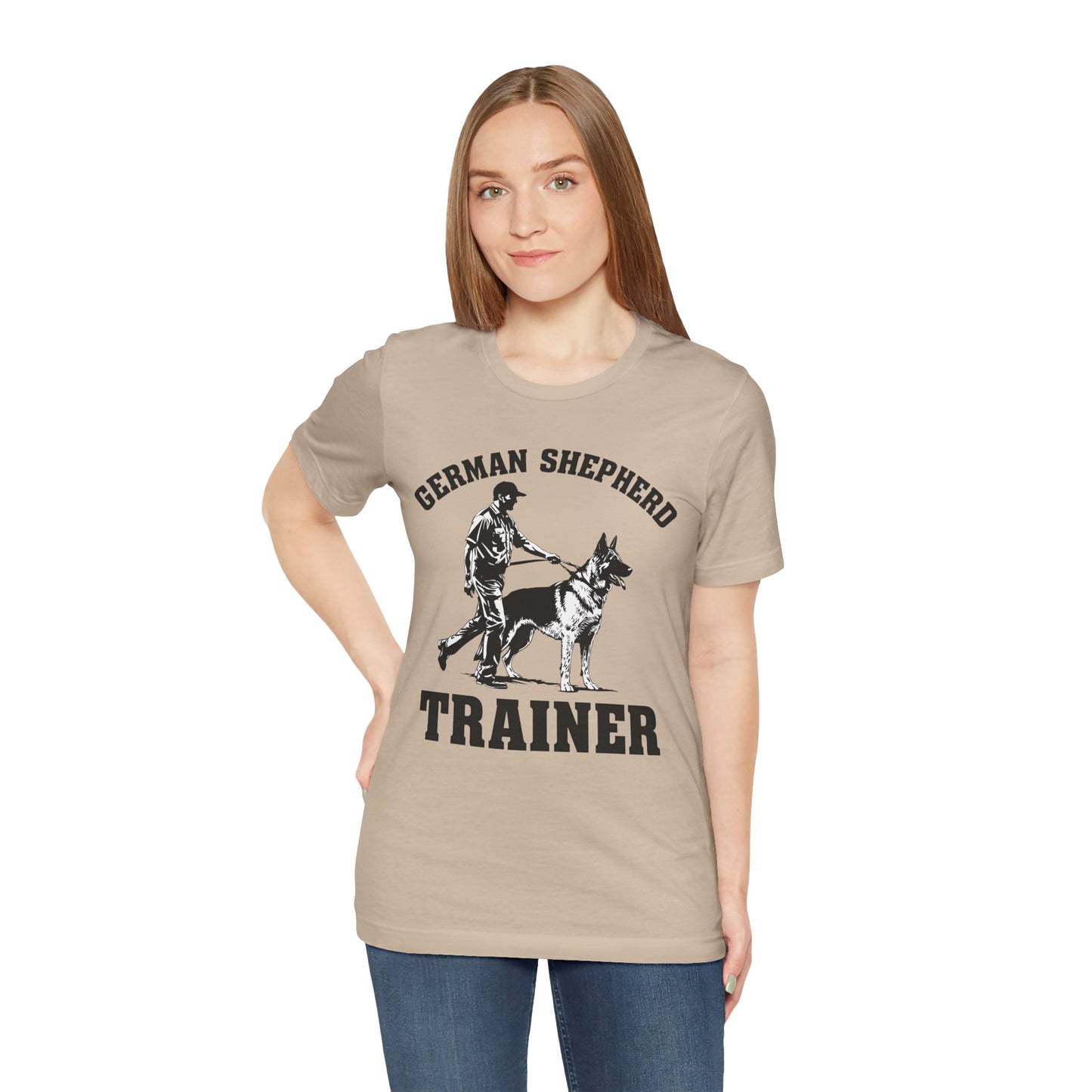 German Shepherd Trainer Tee - Black and White Design of Man Holding a German Shepherd
