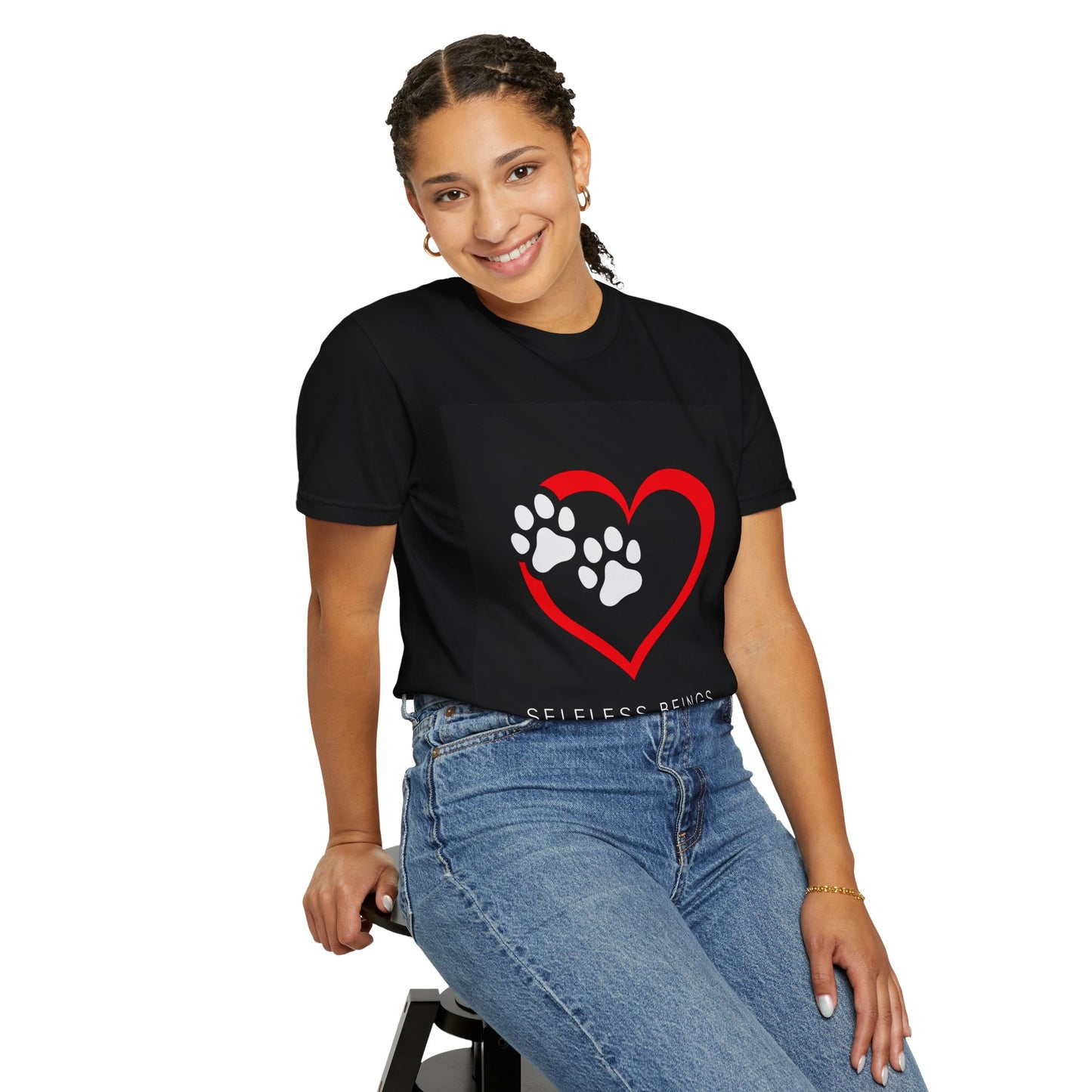 Unisex Dog Lover T-Shirt With Graphic of Red Heart That Contains Two White Dog Paw Prints and Caption Selfless Beings