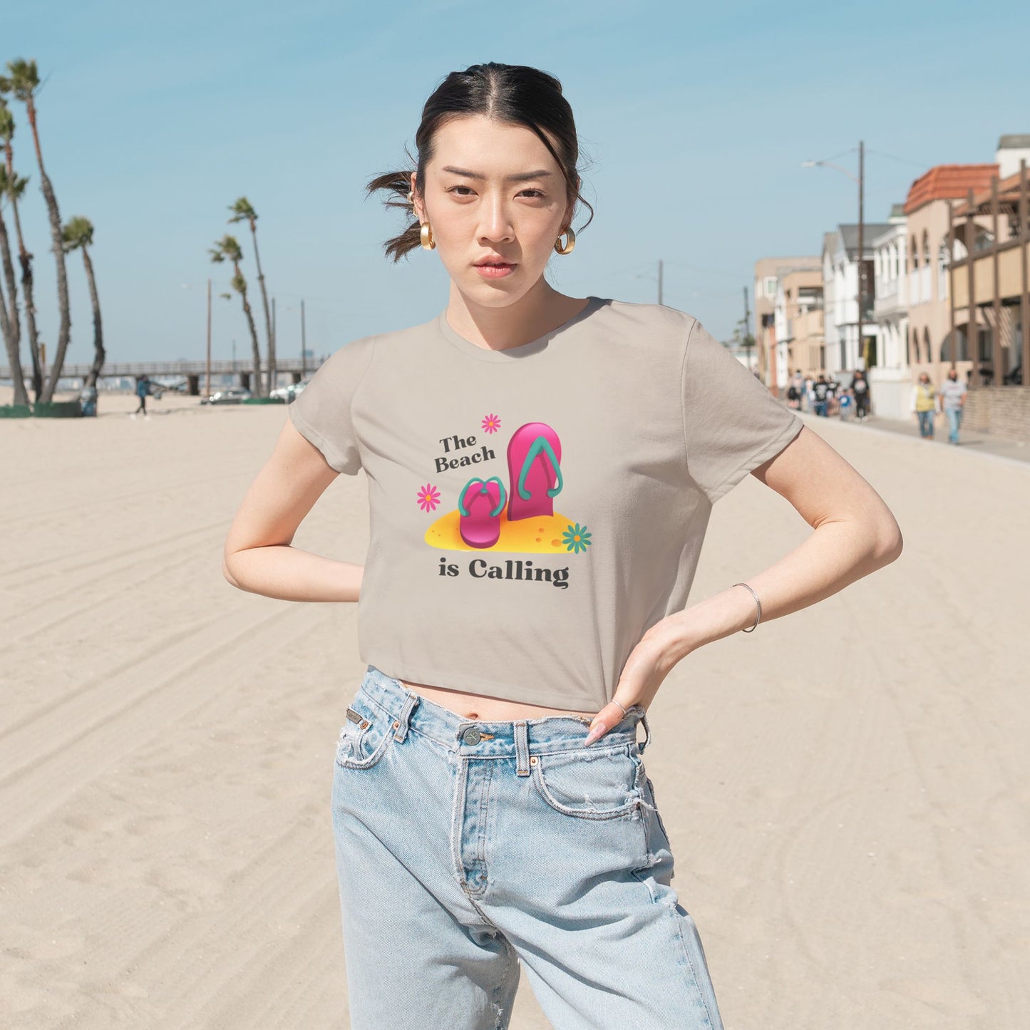 Beach Vibes Flowy Cropped Tee - The Beach is Calling, Summer Shirt, Women's Tee, Vacation Top, Beach Lover Gift, Relaxing Daywear