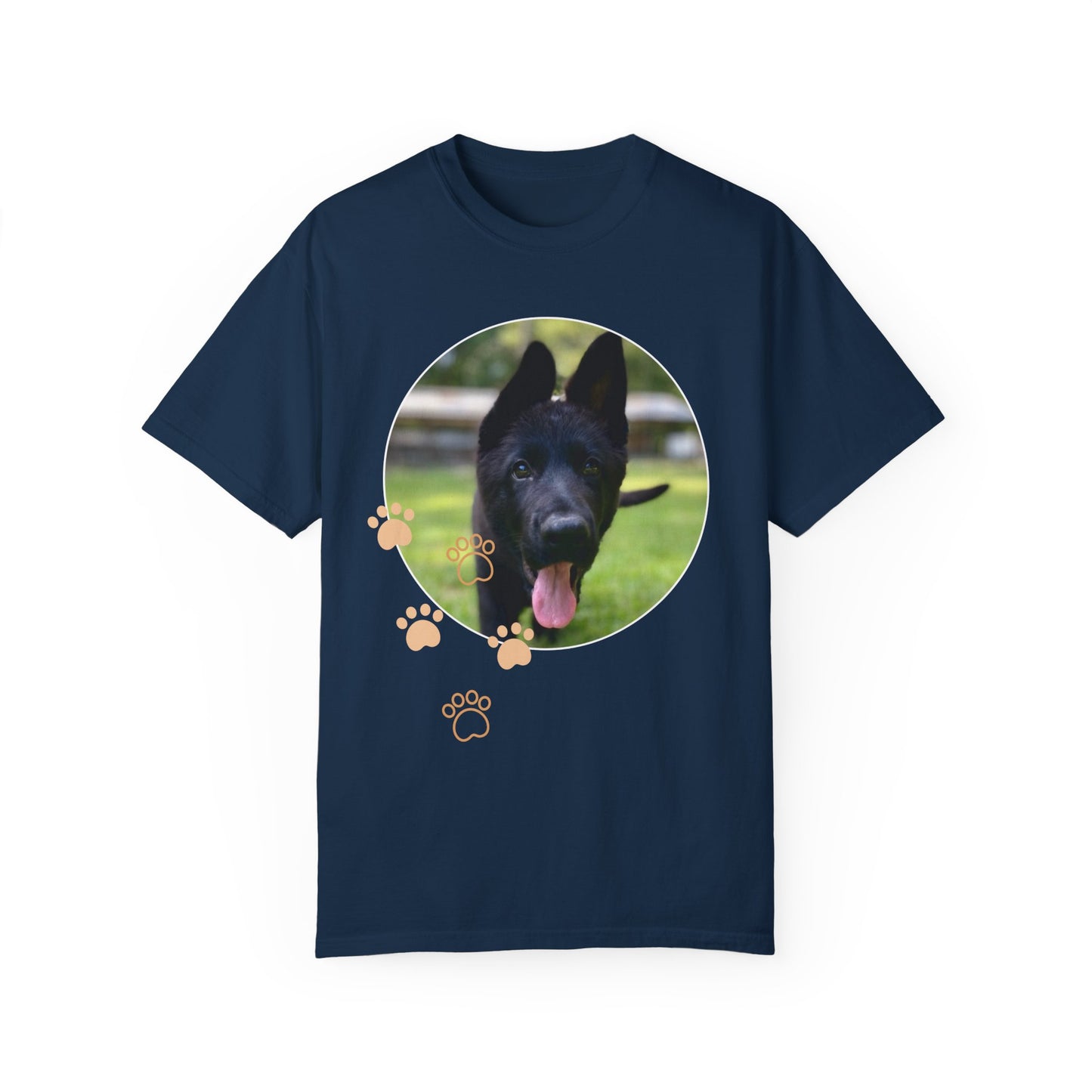 Unisex Dog Lover T-Shirt With Black German Shepherd Puppy Walking on Grass Leaving Tongue Out and Paw Icons