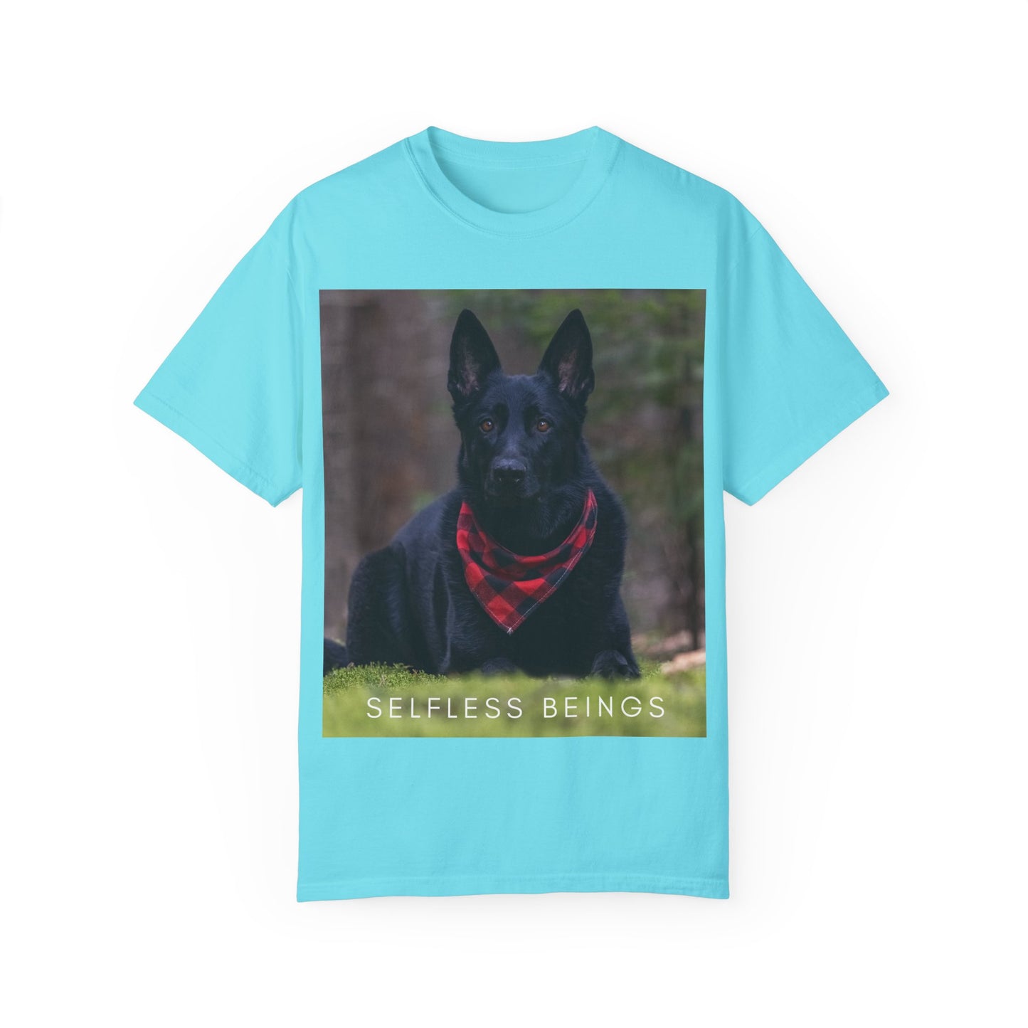 Unisex Dog Lover T-Shirt With a Solid Black German Shepherd Wearing a Red Romal Sitting and Caption Selfless Beings