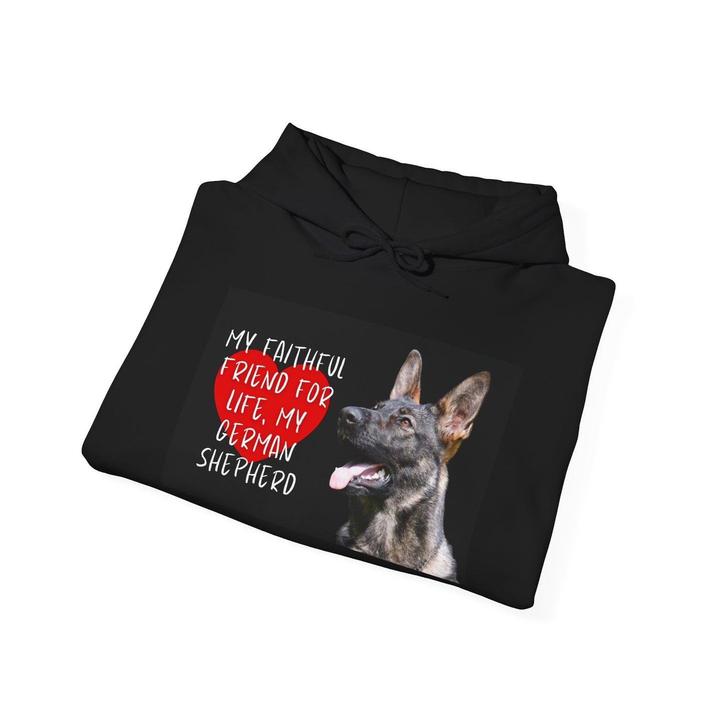Unisex Dog Lover Hoodie With a Working Line German Shepherd and Caption Faithful Friend on Top of Red Heart