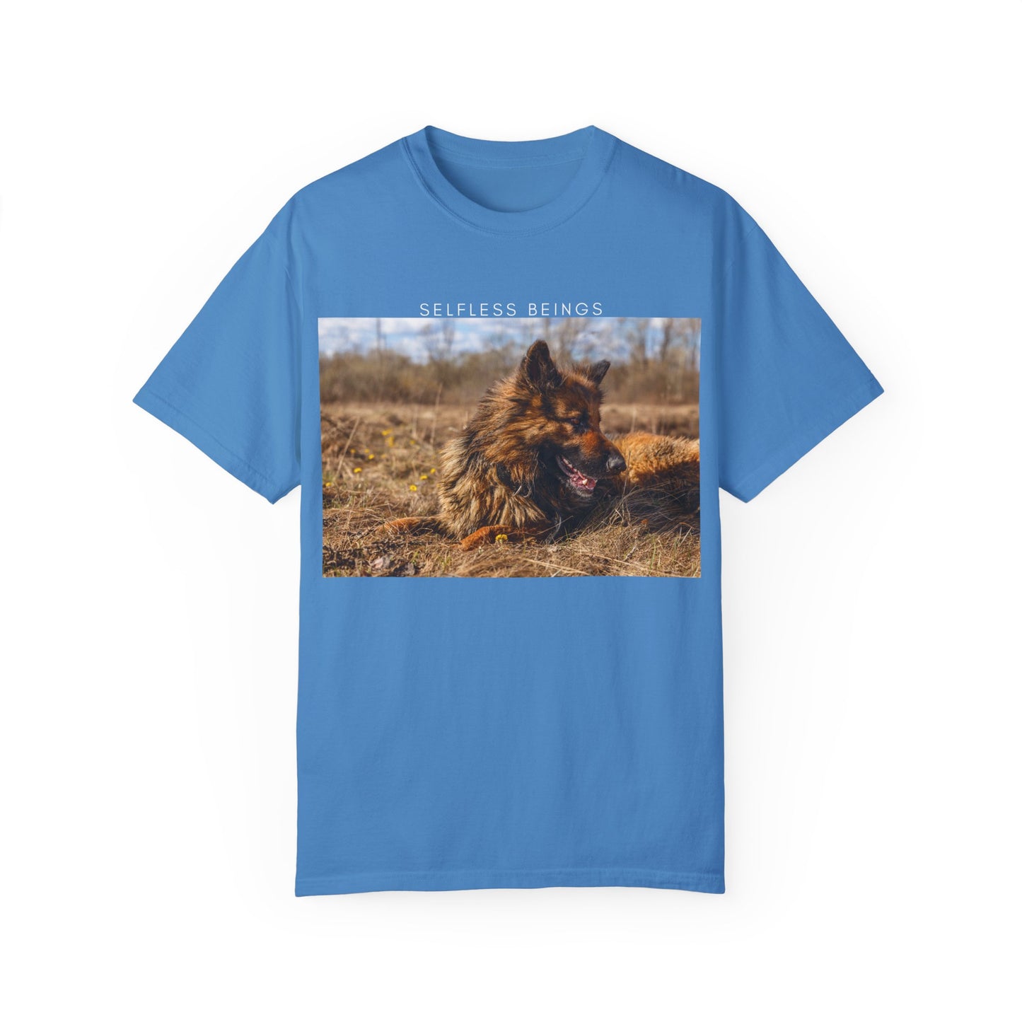 Unisex Dog Lover T-Shirt With a German Shepherd Lying on the Dry Grass in Spring and Caption Selfless Beings