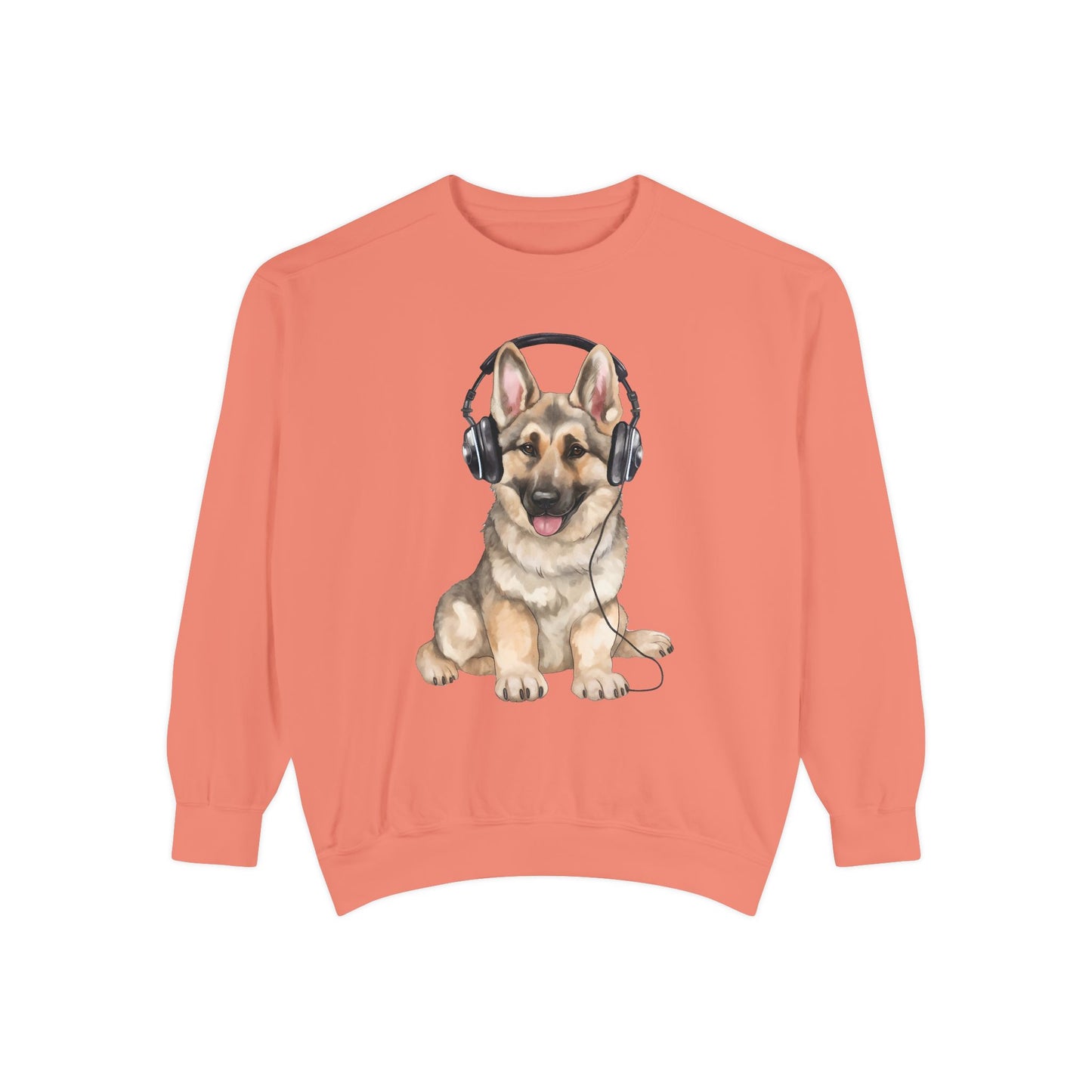Unisex Dog Lover Sweatshirt With a German Shepherd Wearing Headphones Enjoying Music
