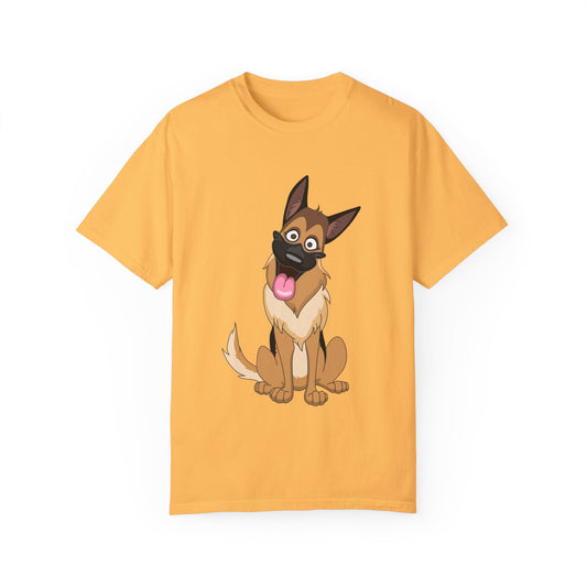 Unisex Dog Lover T-Shirt With Funny Cartoon of Tan Color German Shepherd