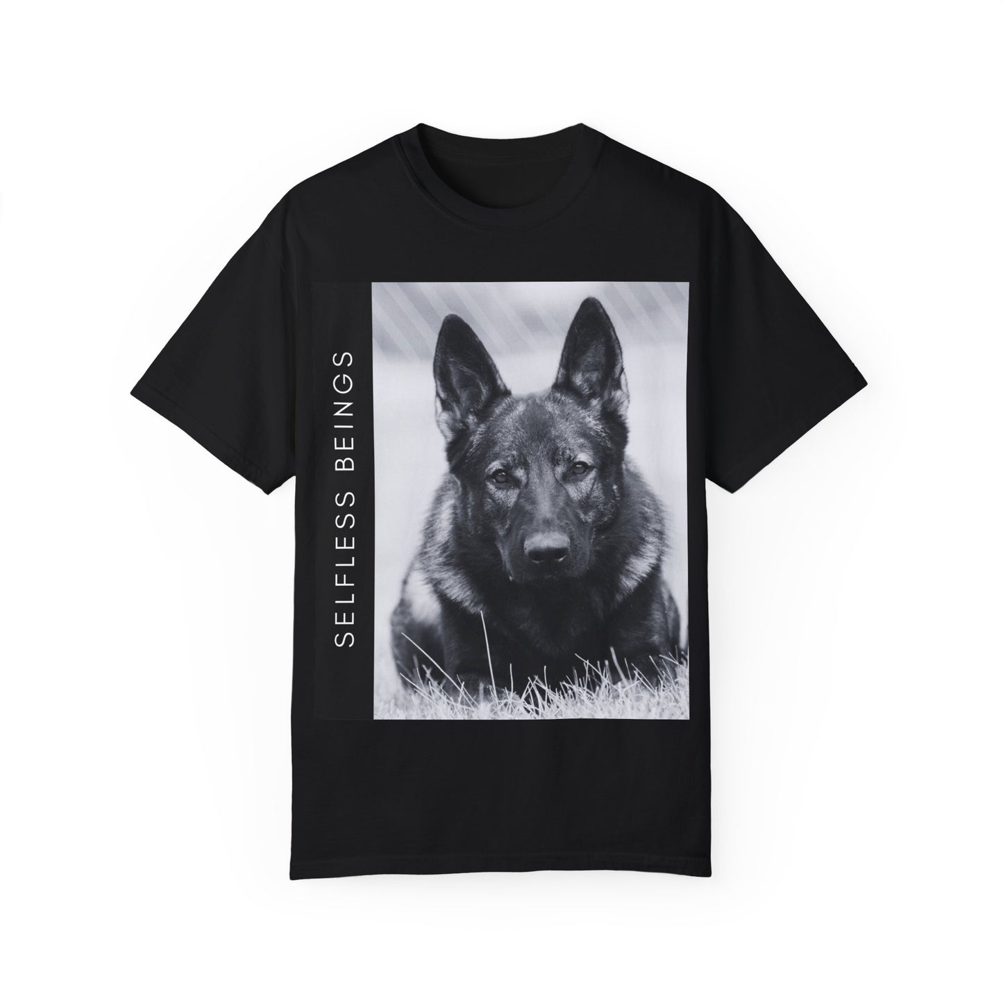 Unisex Dog Lover T-Shirt With a Working Line German Shepherd Resting on the Grass and Caption Selfless Beings
