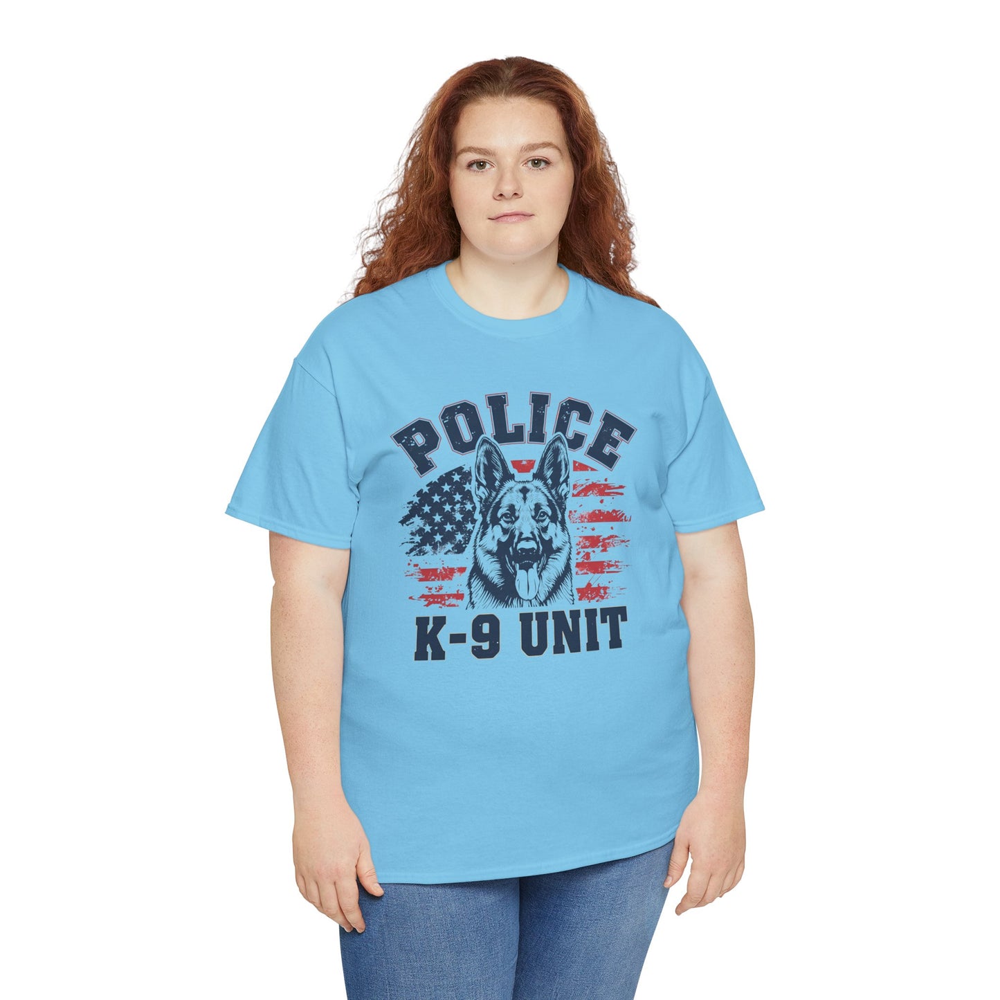 Patriotic Police K-9 Unit T-Shirt With American Flag in Background, Unisex Heavy Cotton Tee