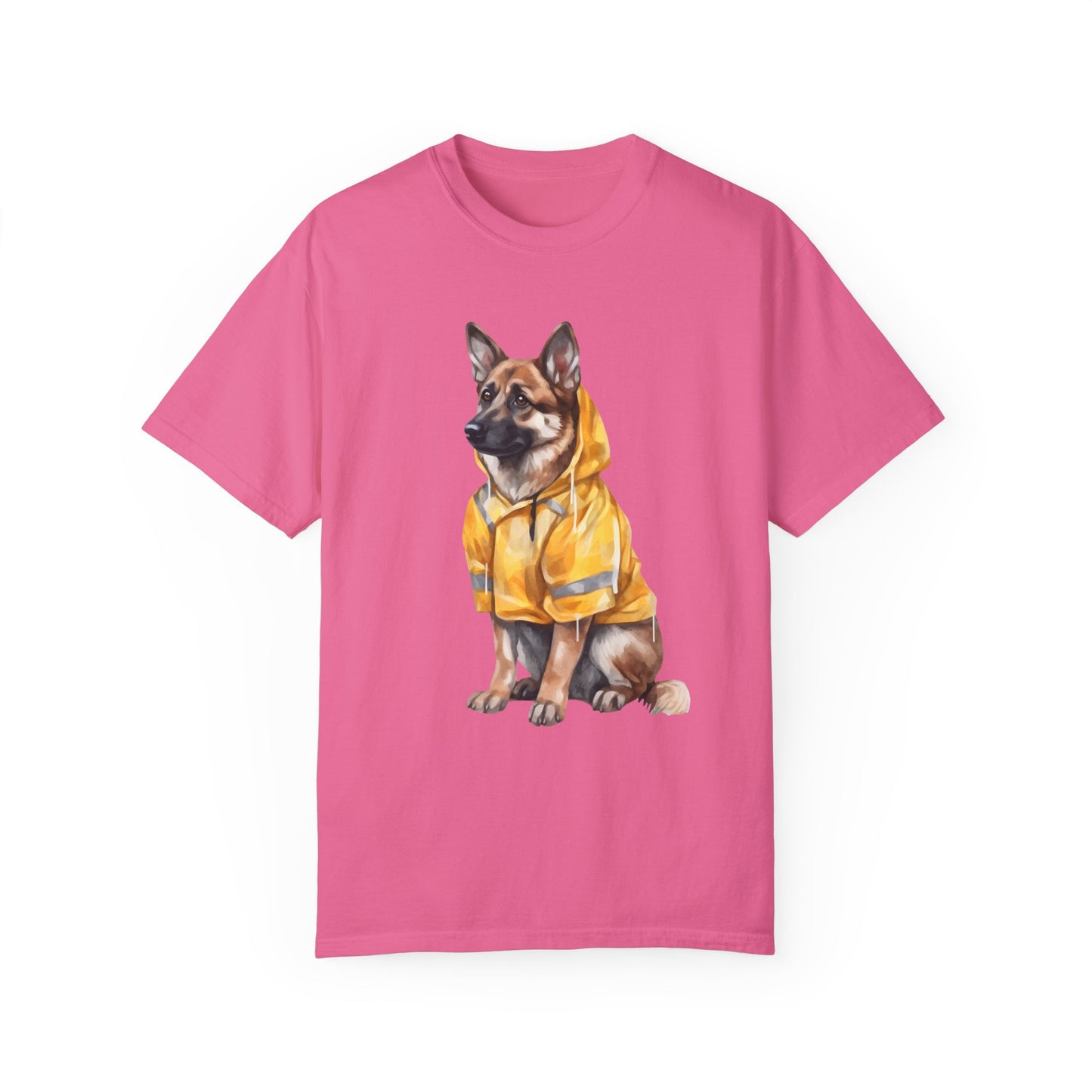Unisex Dog Lover T-Shirt With a Graphic of German Shepherd Wearing a Yellow Rain Coat