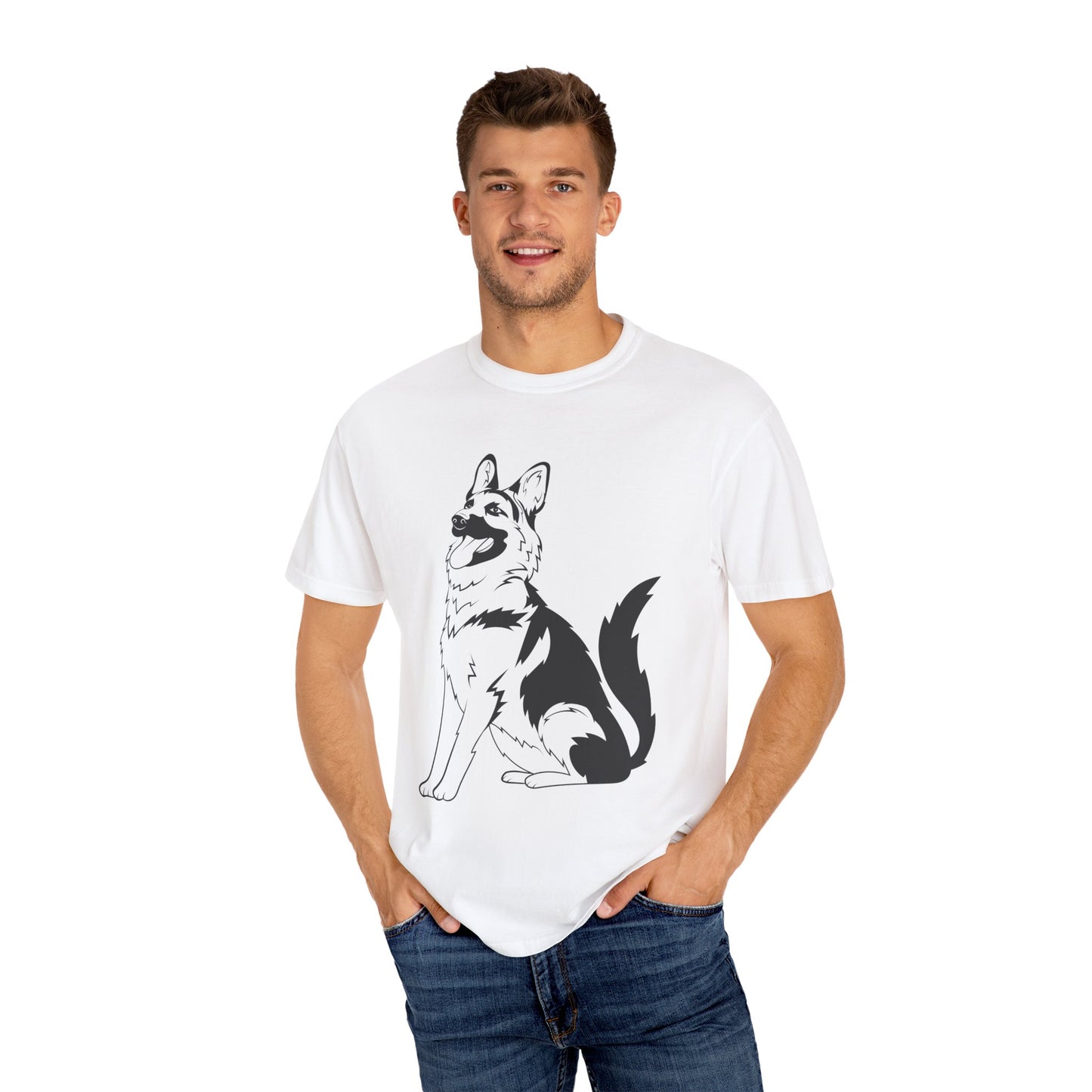 Unisex Dog Lover T-Shirt With a Graphic of Black and Transparent German Shepherd Sloppily Sitting
