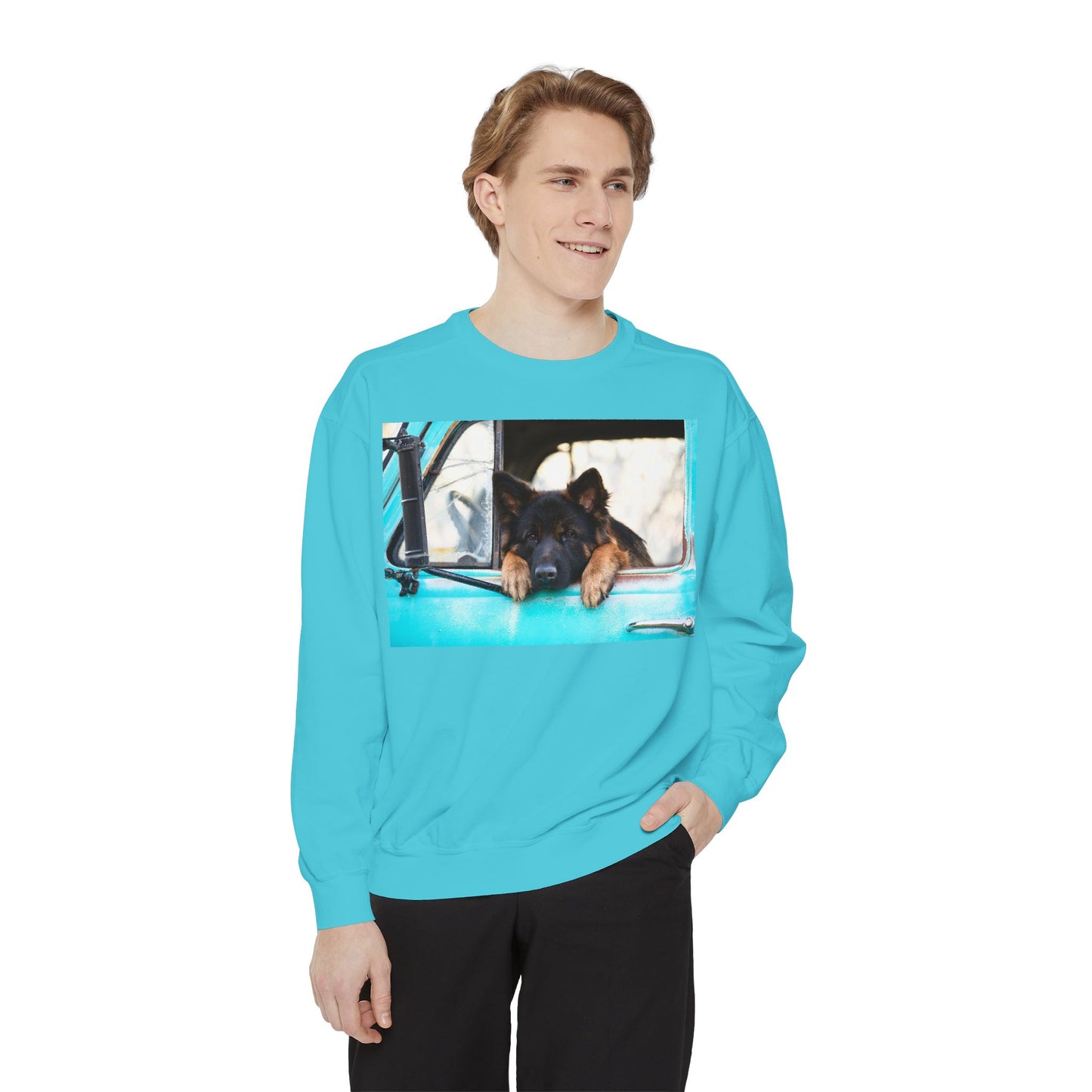 Unisex Dog Lover Sweatshirt With a German Shepherd Puppy Putting His Head and Front Legs On The Truck Seat's Window
