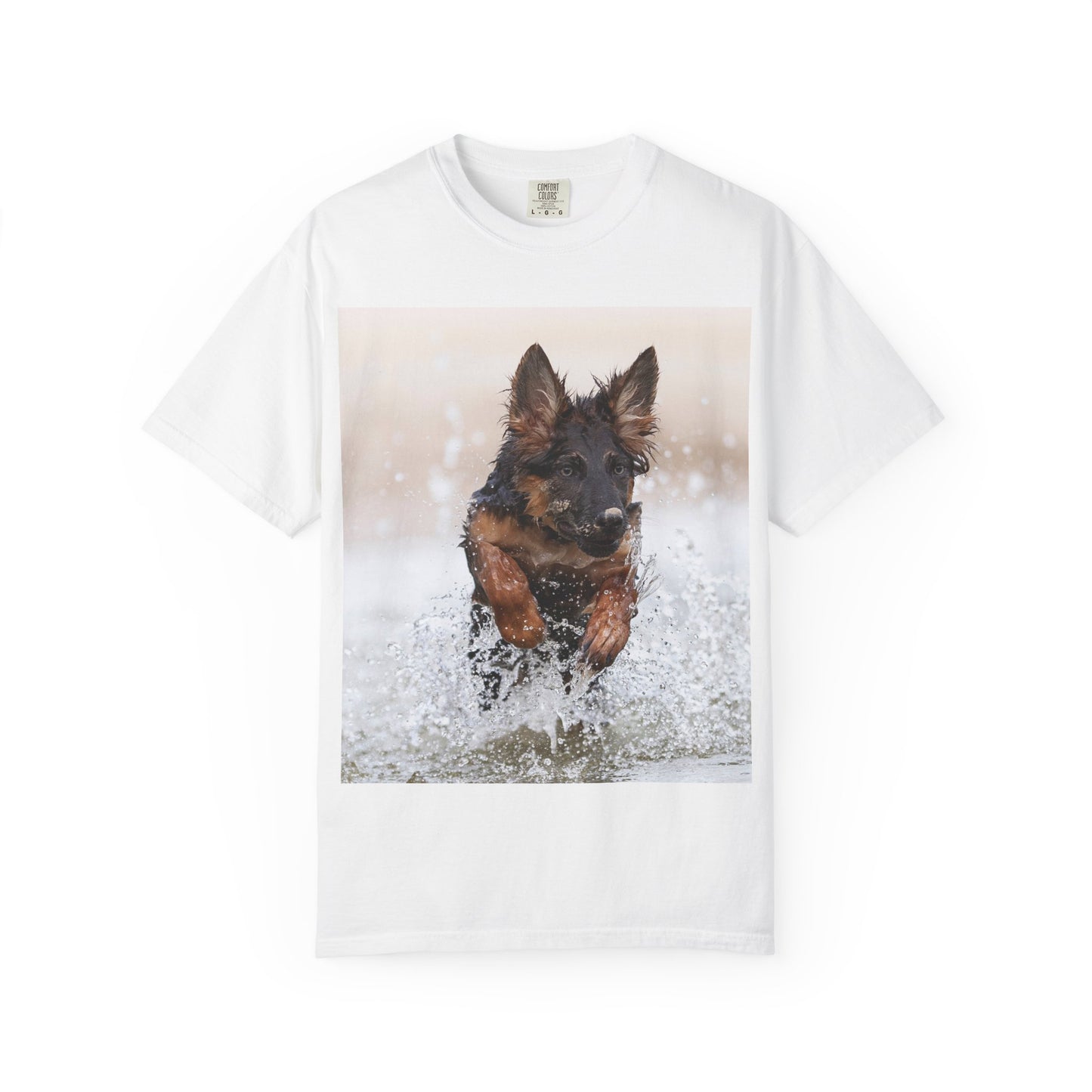 Unisex Dog Lover T-Shirt Featuring a German Shepherd Puppy Jumping In The Water