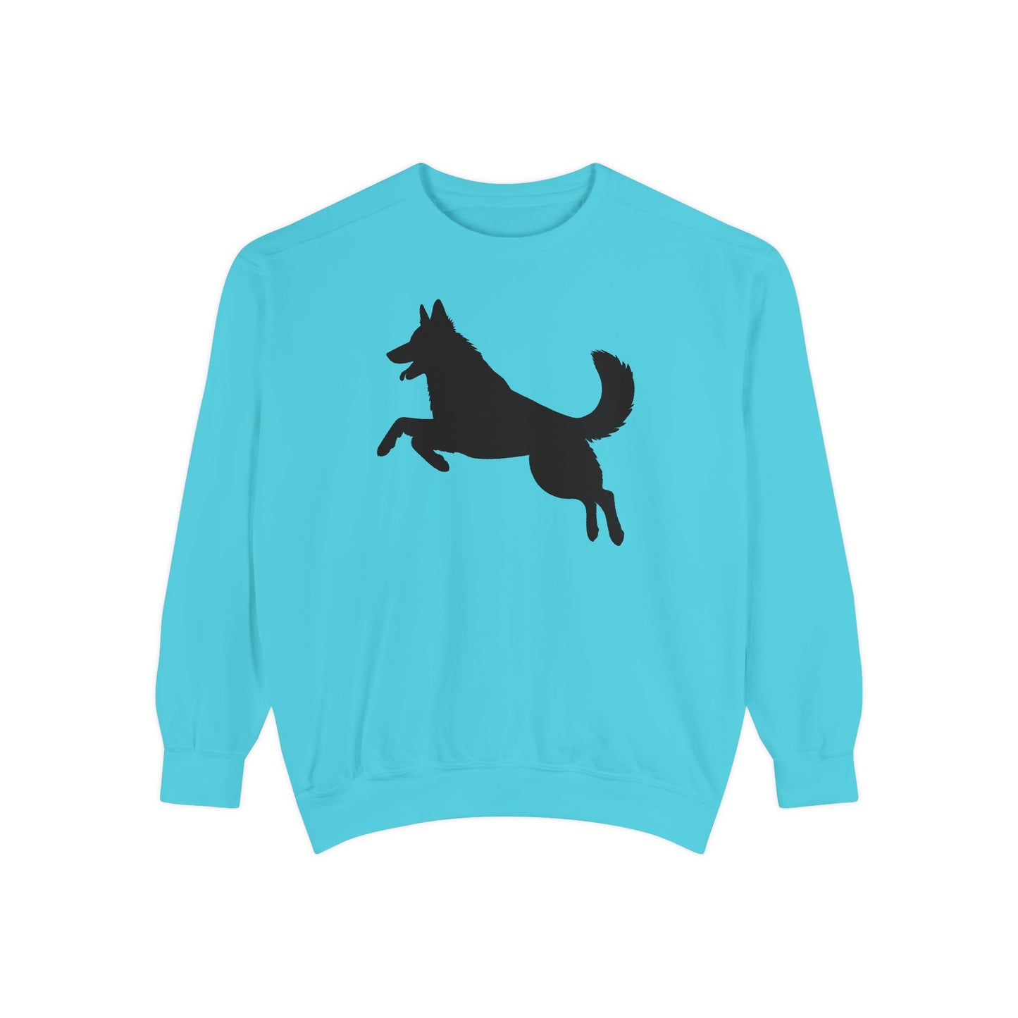Unisex Dog Lover Sweatshirt With a Graphic of Solid Black German Shepherd Jumping in the Air