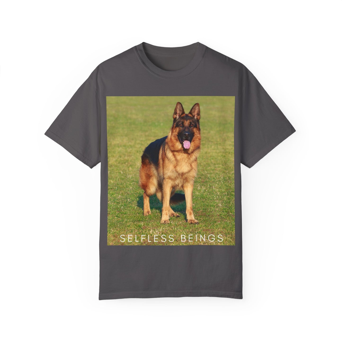 Unisex Dog Lover T-shirt With a German Shepherd on the Sports Grass Field and Caption Selfless Beings