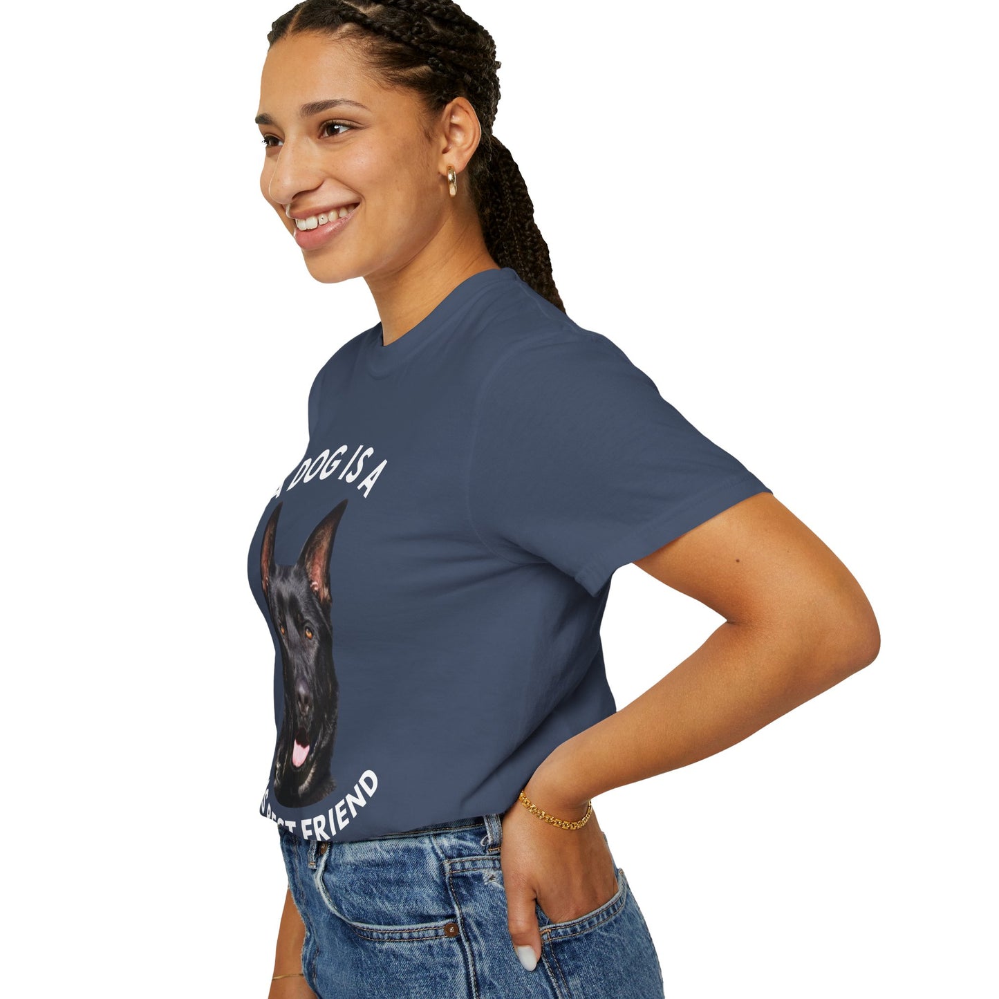 Unisex T-Shirt With Close Up Face of Giant German Shepherd and Quote A Dog Is A Man's Best Friend
