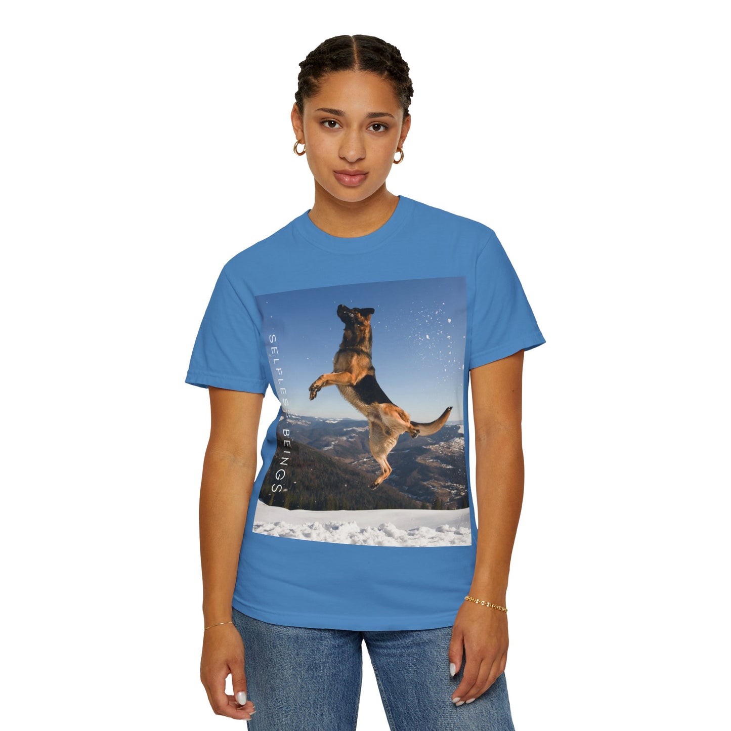 Unisex Dog Lover T-Shirt With a German Shepherd in the Air on Top of Snow Mountain and Caption Selfless Beings