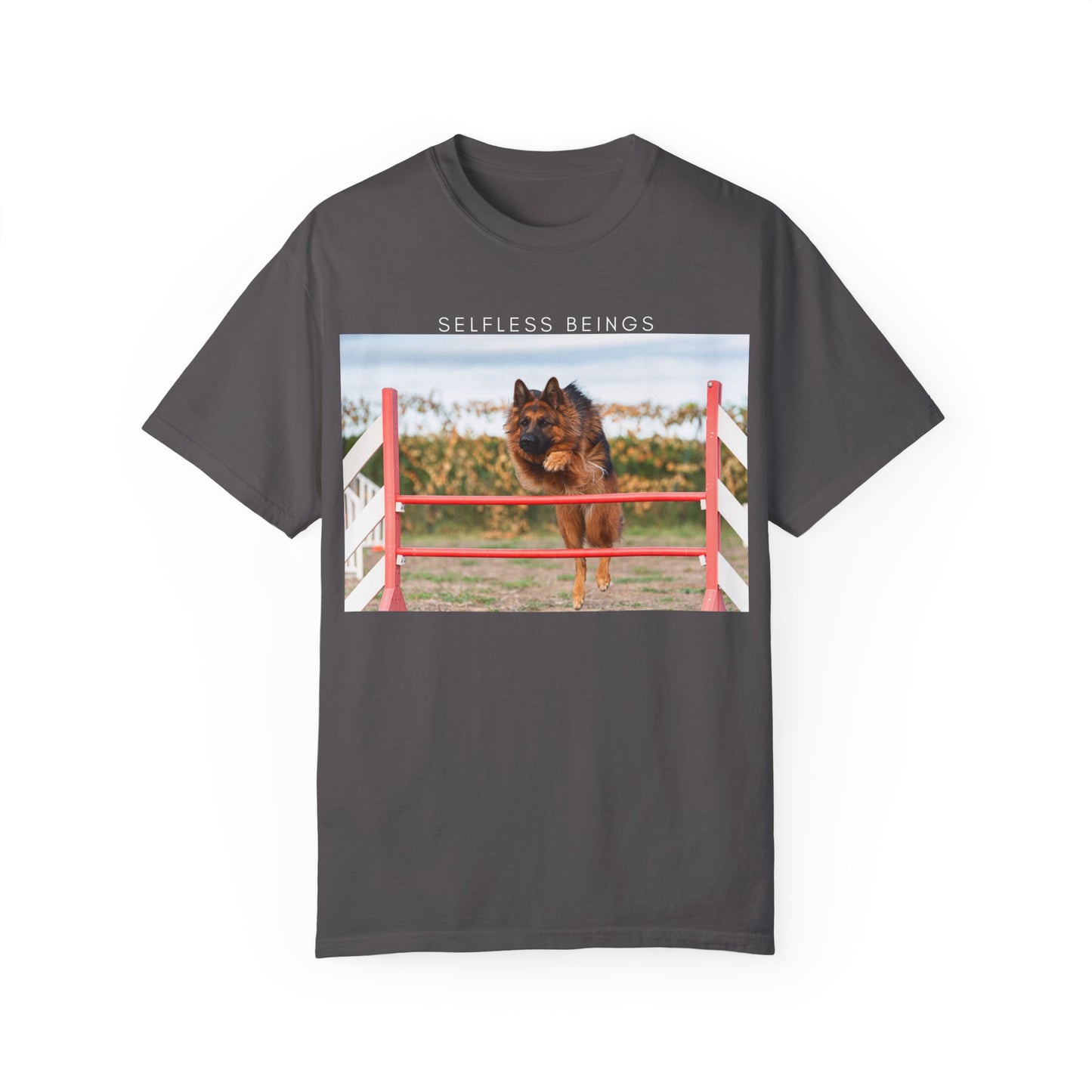 Unisex Dog Lover T-Shirt With a German Shepherd Jumping an Agility Fence Outdoor and Caption Selfless Beings