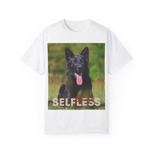 Unisex Dog Lover T-Shirt With Black German Shepherd Resting on the Grass Leaving Tongue Out and Caption Selfless Beings