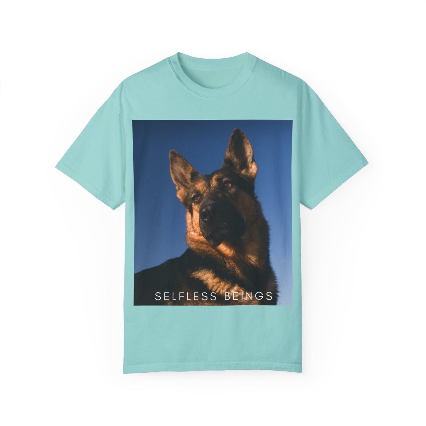 Unisex Dog Lover T-shirt With Close Up Portrait of Giant German Shepherd Turning His Head and Caption Selfless Beings