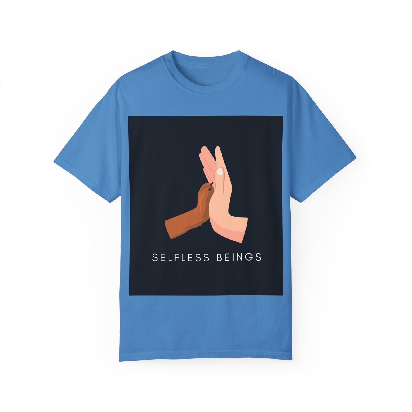 Unisex Dog Lover T-Shirt With Graphic of Human Hand Touching Dog's Paw and Selfless Beings Caption Below