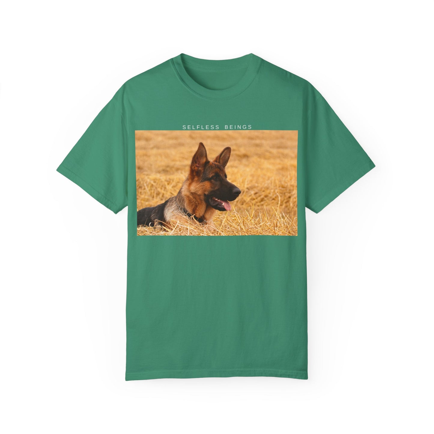 Unisex Dog Lover T-Shirt With a German Shepherd Relaxing on the Long Dry Grass and Caption Selfless Beings