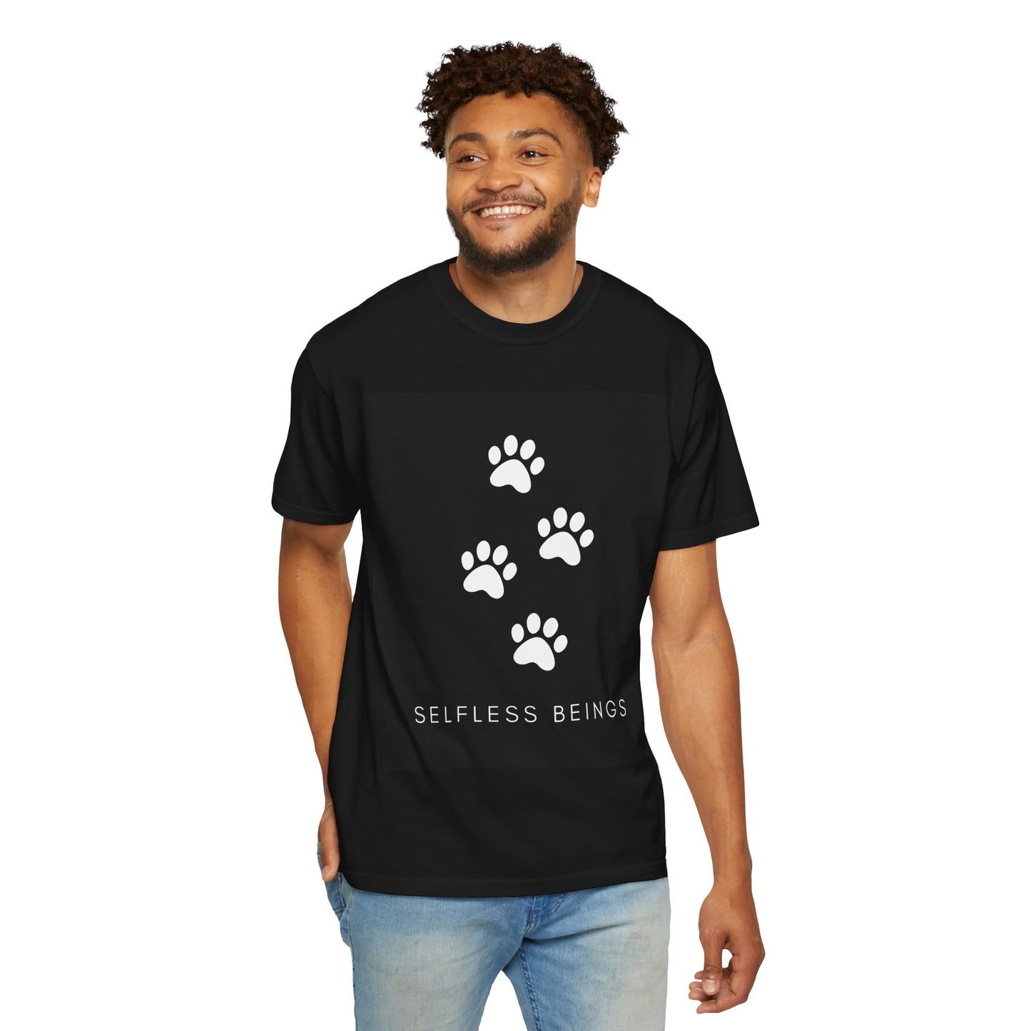 Unisex Dog Lover T-Shirt With 4 White Paw Prints and Caption Selfless Beings