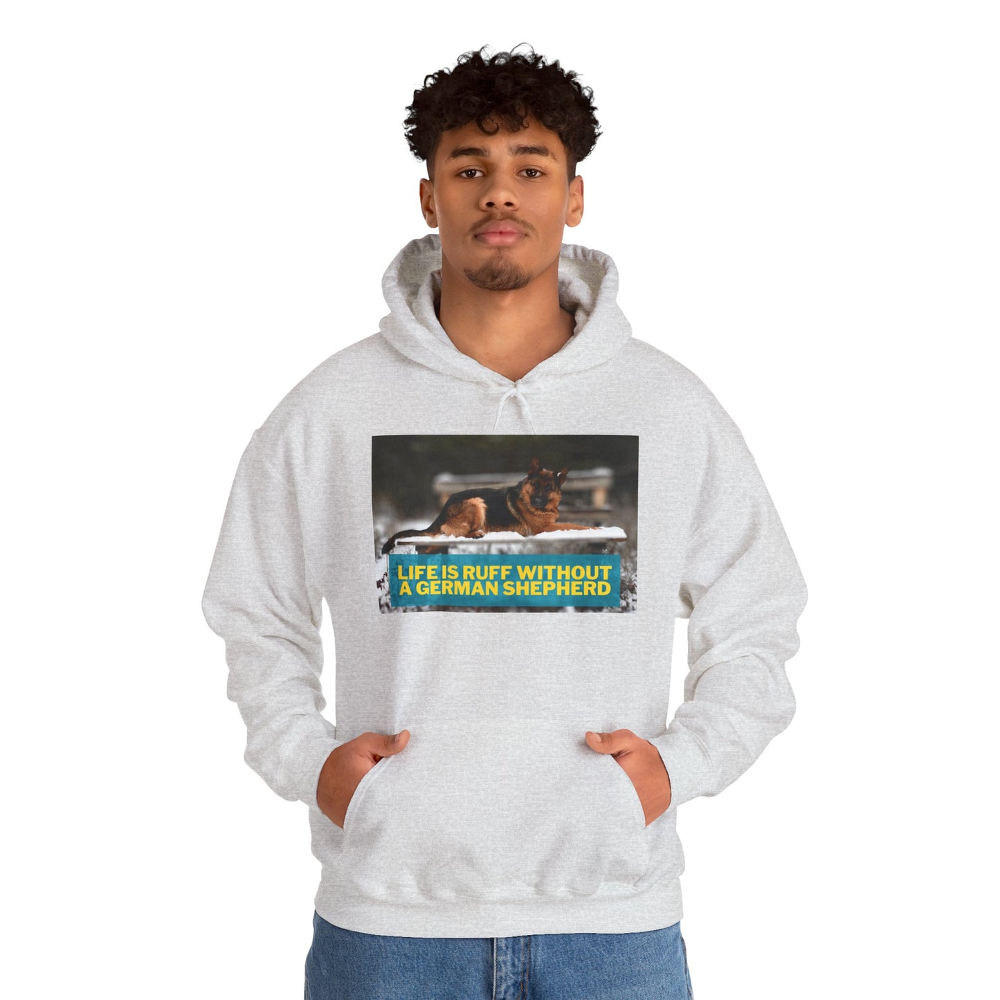 Unisex Dog Lover Hoodie With a German Shepherd Resting On Outdoor Bed In The Snow and Caption Life is Ruff Without GSD