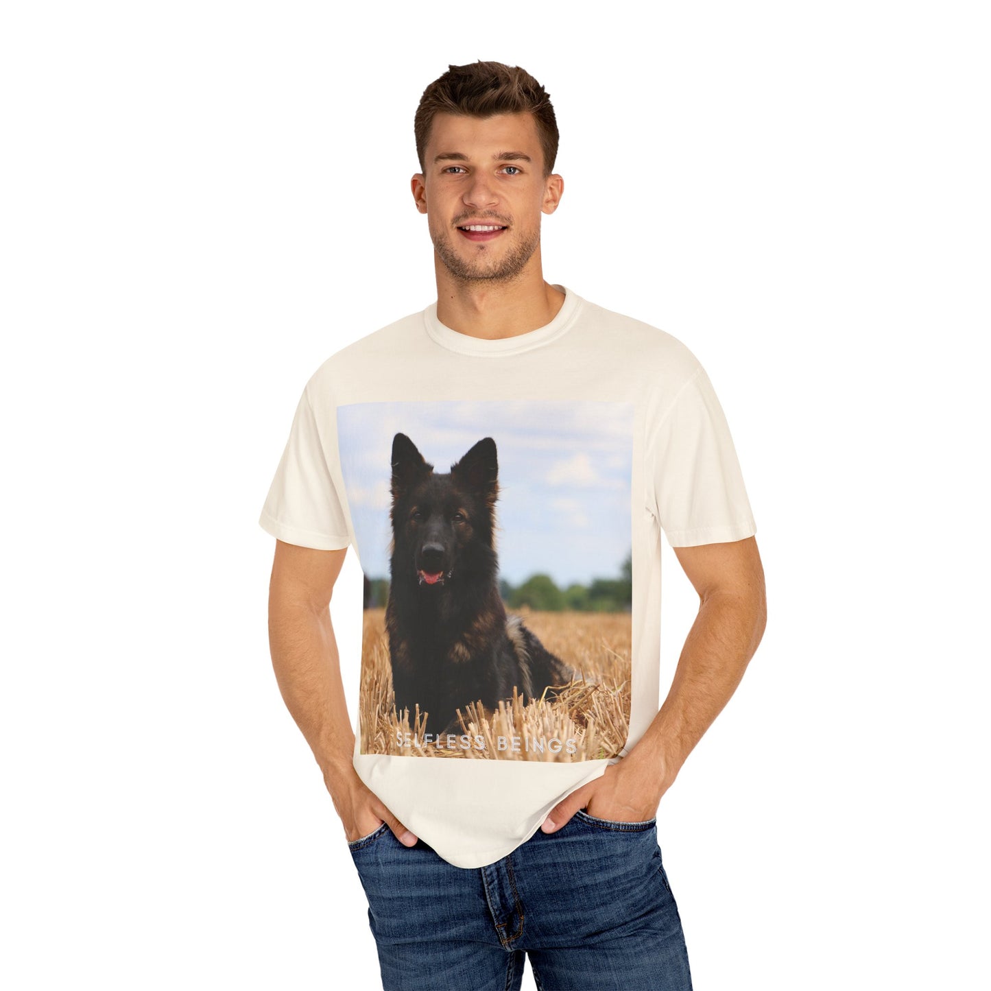 Unisex Dog Lover T-Shirt With Beautiful German Shepherd Sitting Over a Stover and Caption Selfless Beings