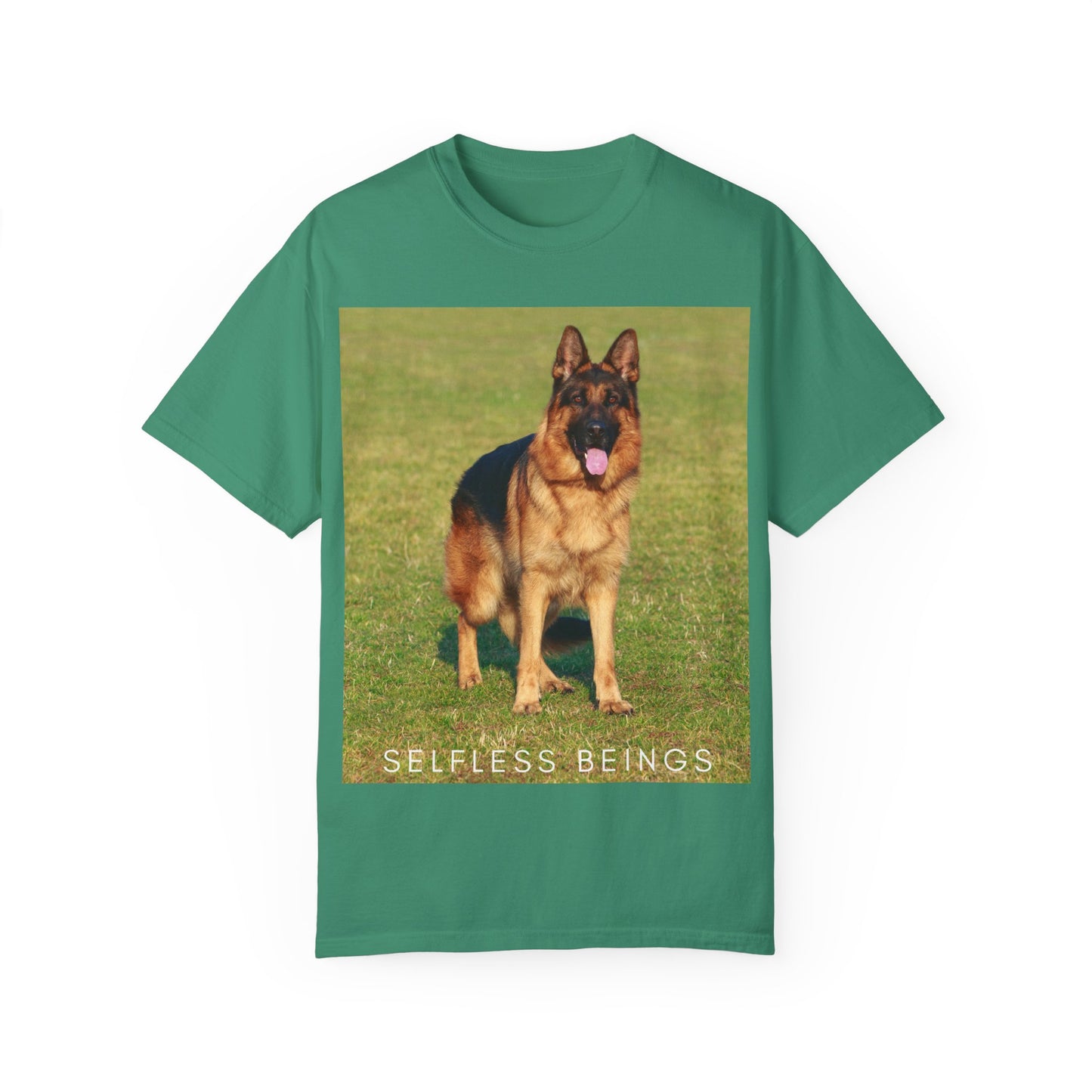 Unisex Dog Lover T-shirt With a German Shepherd on the Sports Grass Field and Caption Selfless Beings
