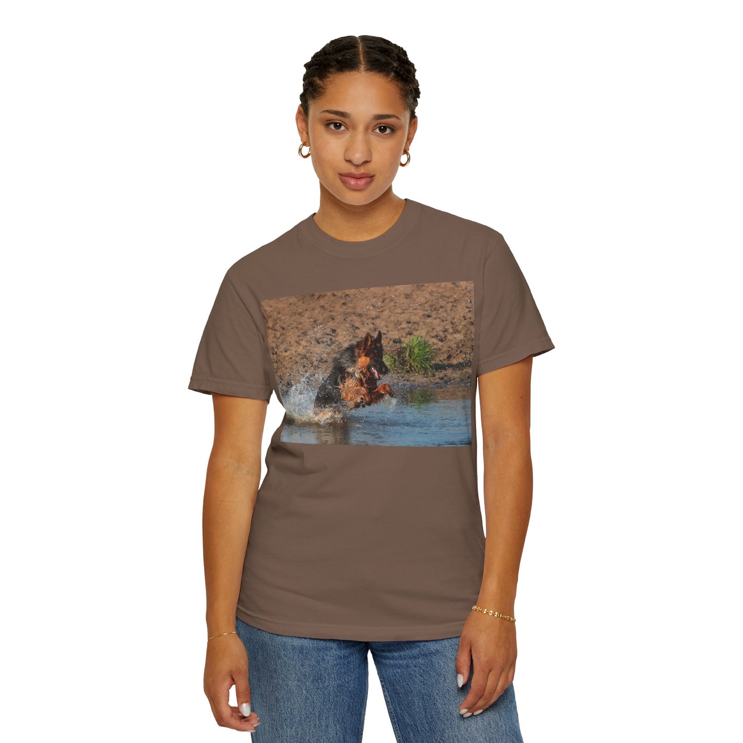 Unisex Dog Lover T-Shirt With Giant German Shepherd Jumps in the River